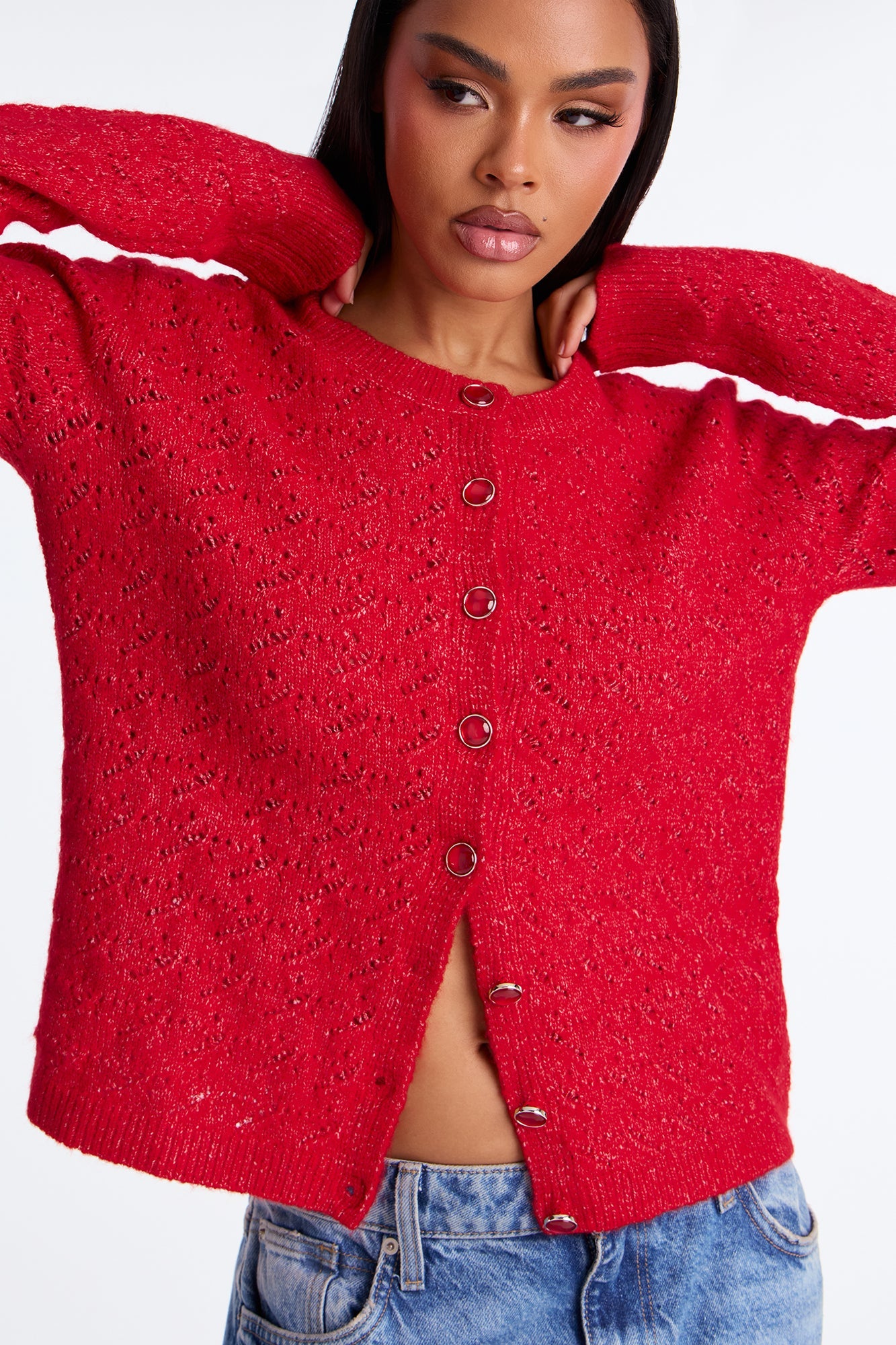 Aubrey Pointelle Cardigan Sweater - Red