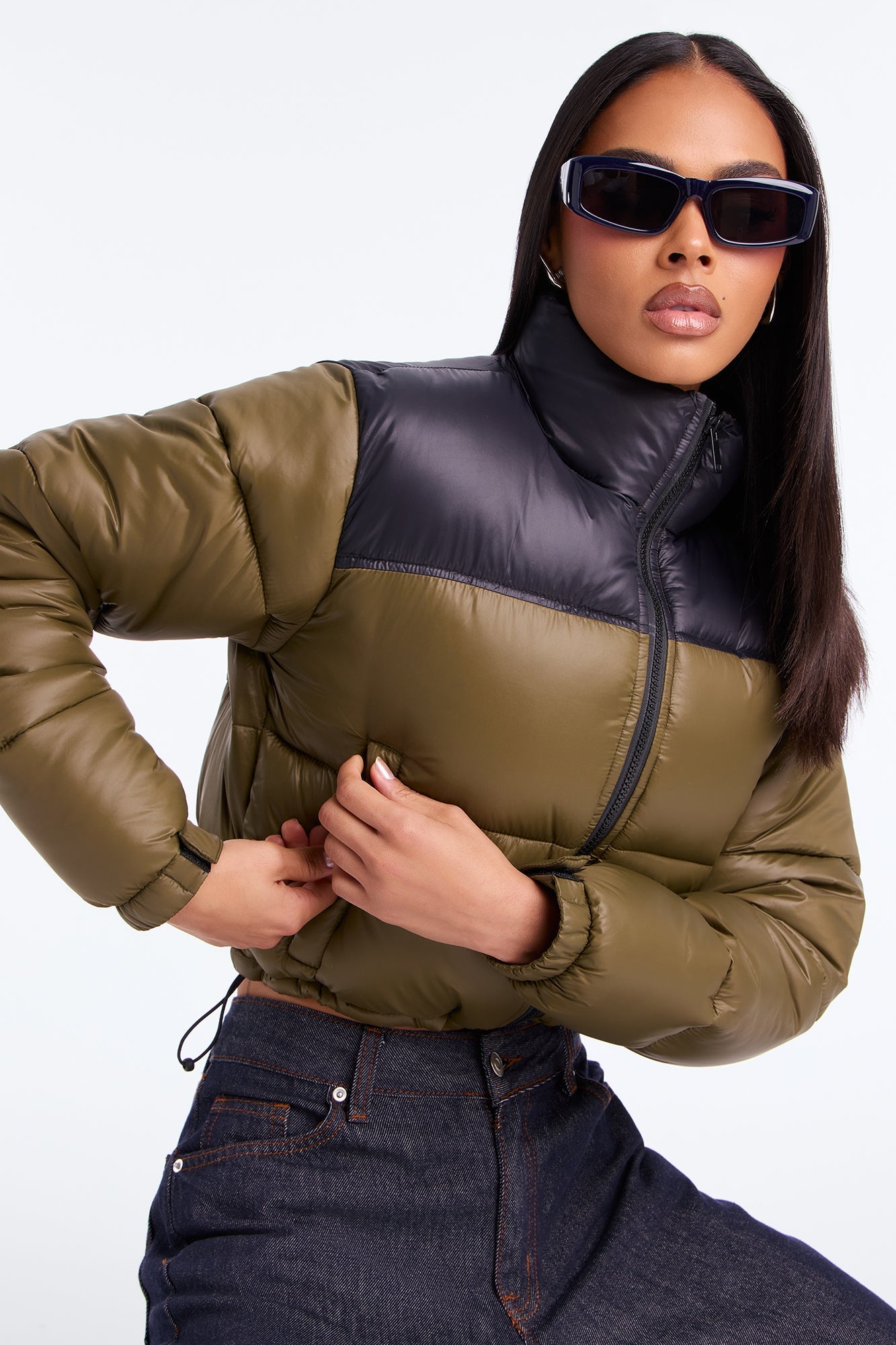 Cant Phase Me Contrast Puffer Jacket - Olive/combo