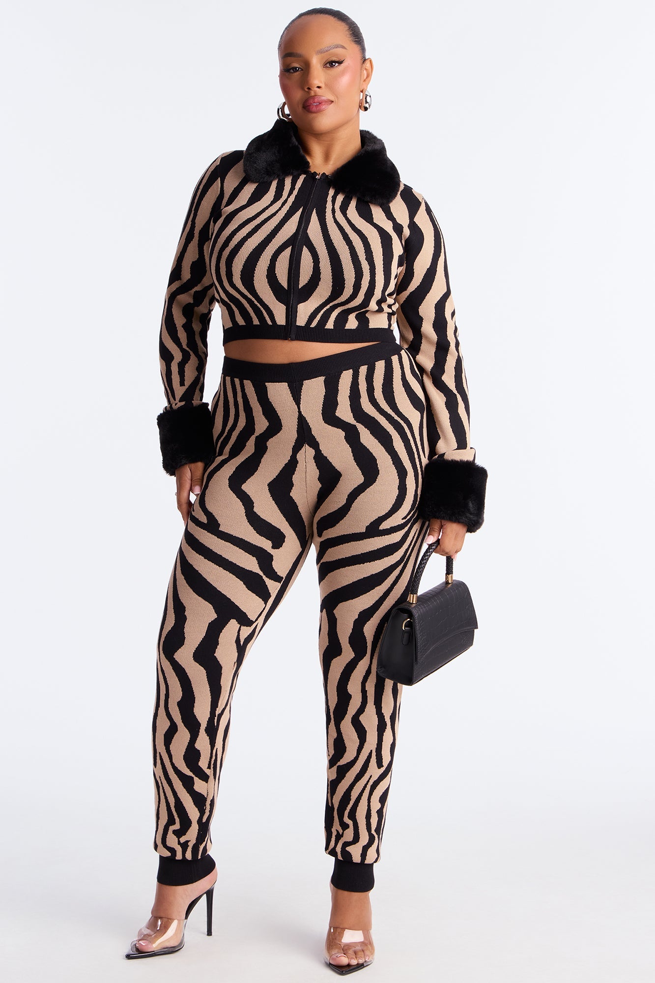 Caroline Sweater Fur Trim Pant Set - Black/combo