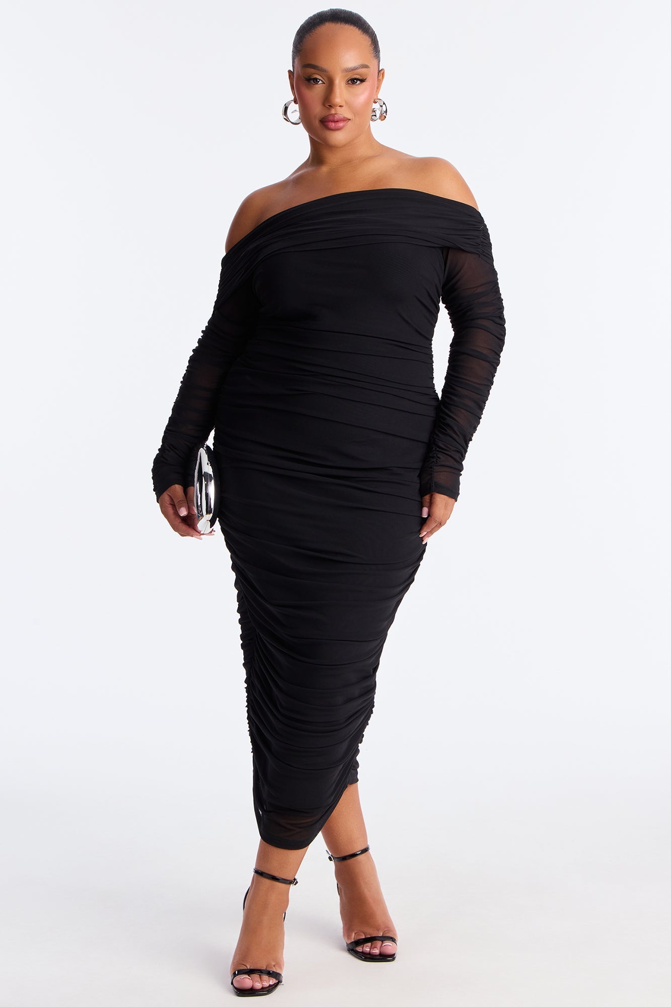 Hallie Ruched Mesh Bandage Midi Dress - Black