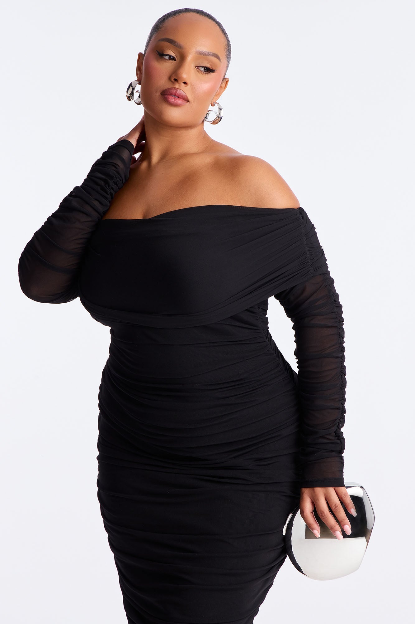 Hallie Ruched Mesh Bandage Midi Dress - Black