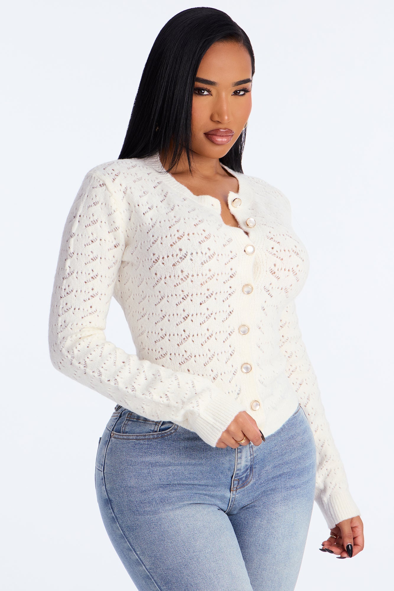 Aubrey Pointelle Cardigan Sweater - Ivory