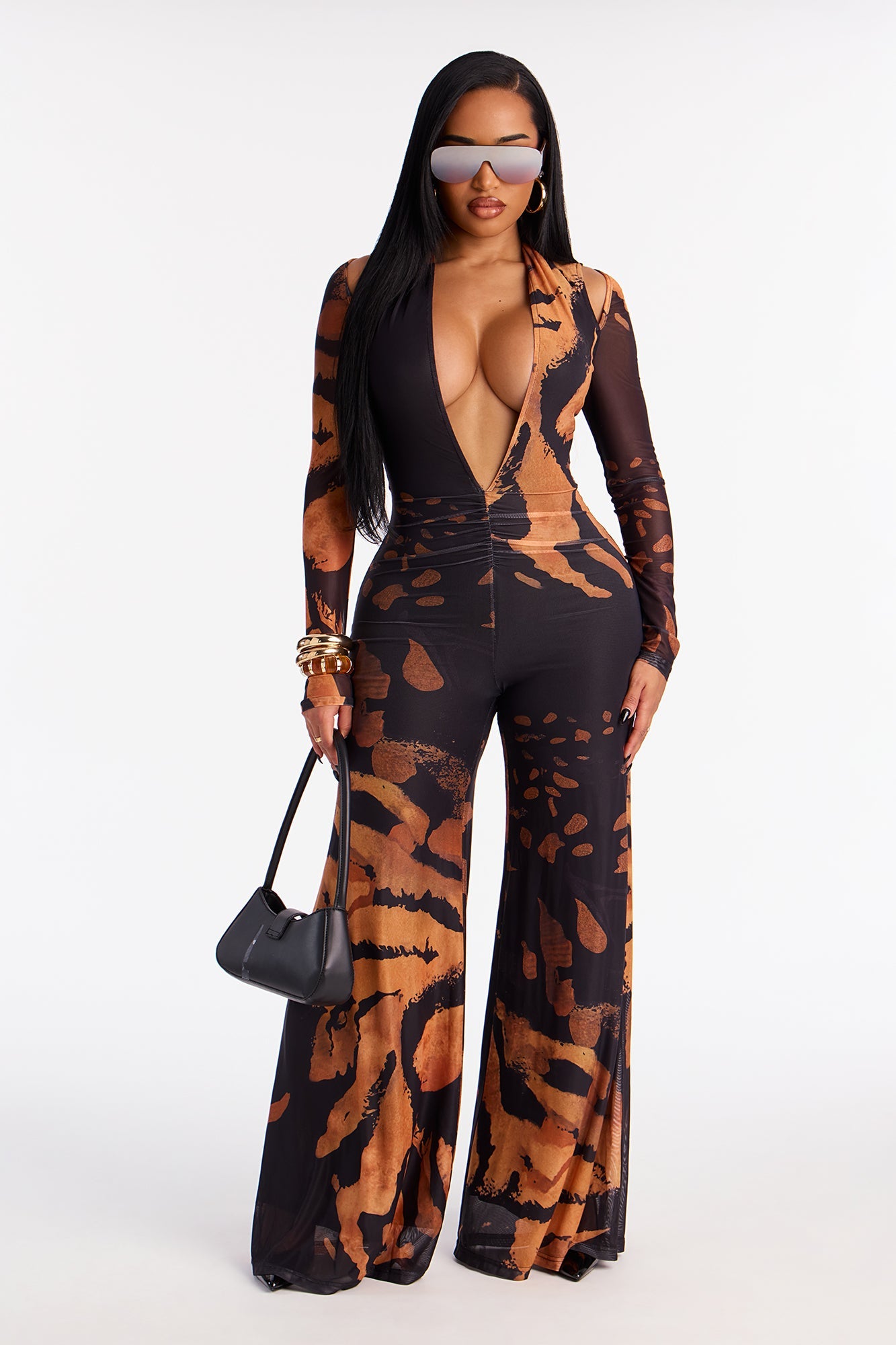 Seductive Energy Plunge Neck Mesh Jumpsuit - Black/combo