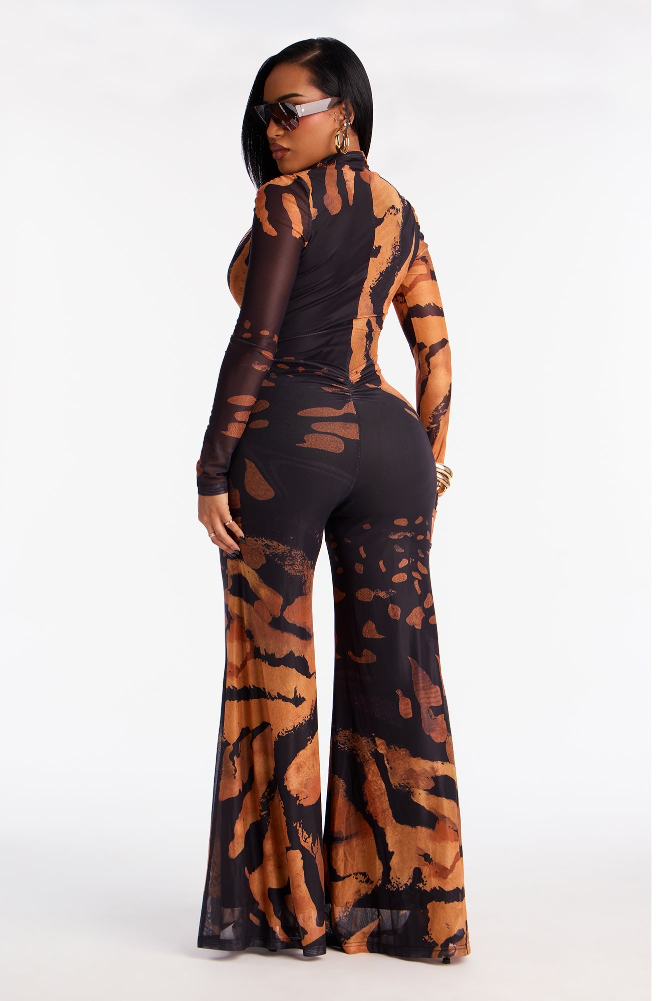 Seductive Energy Plunge Neck Mesh Jumpsuit - Black/combo
