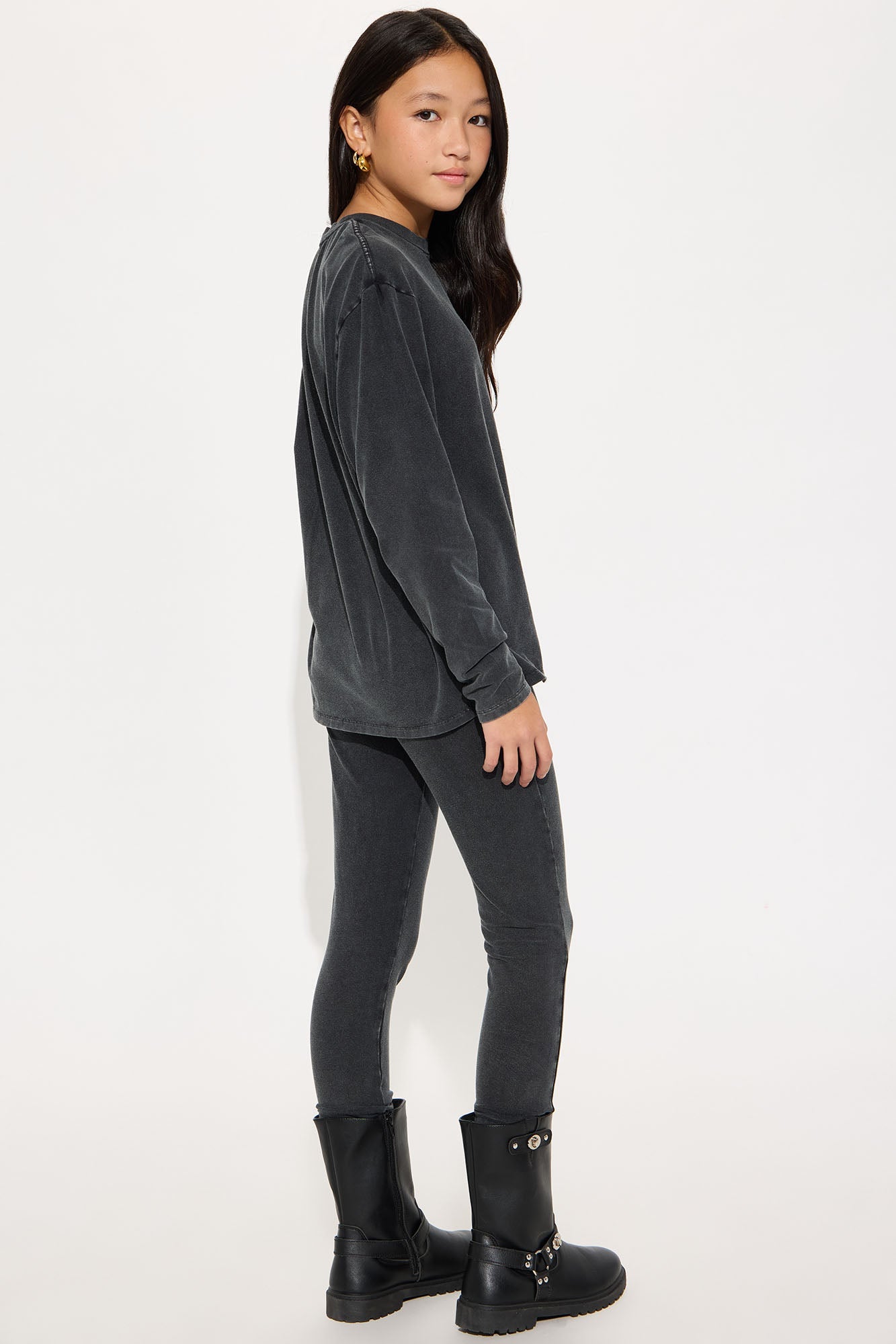 Mini Stepping Out Mineral Wash Long Sleeve Legging Set - Charcoal