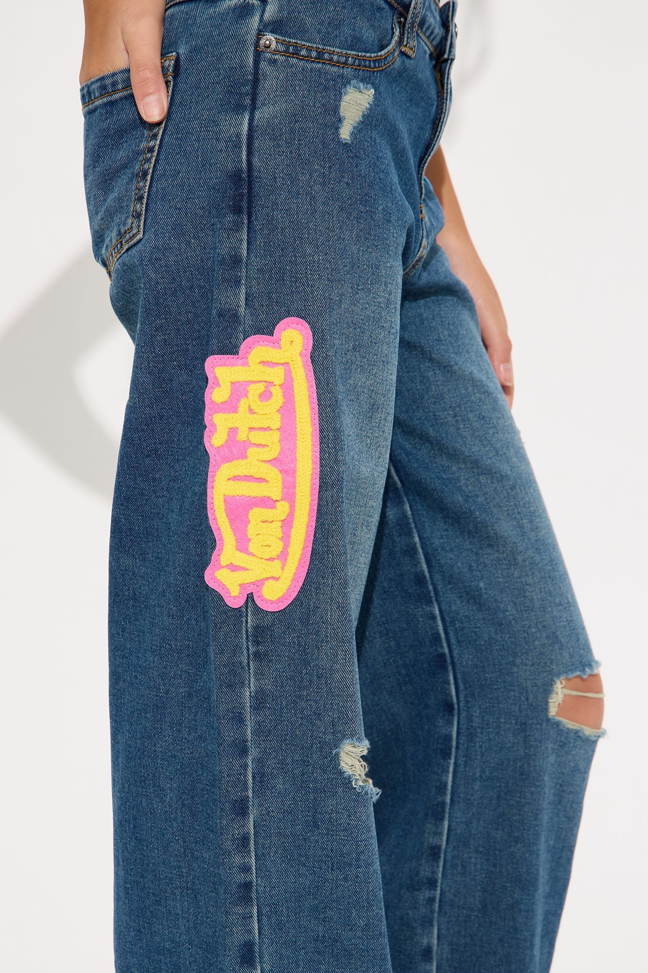 Mini Von Dutch Patchwork Mid Rise Wide Leg Jeans - Dark Wash