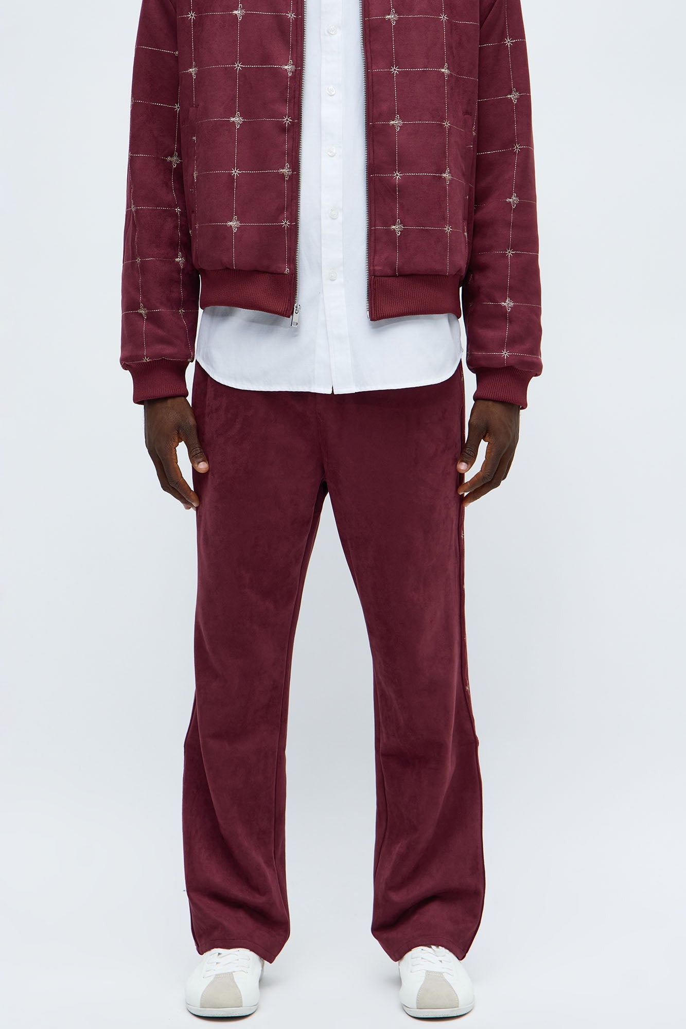 Straight Faux Velvet Buzzed Pant - Burgundy
