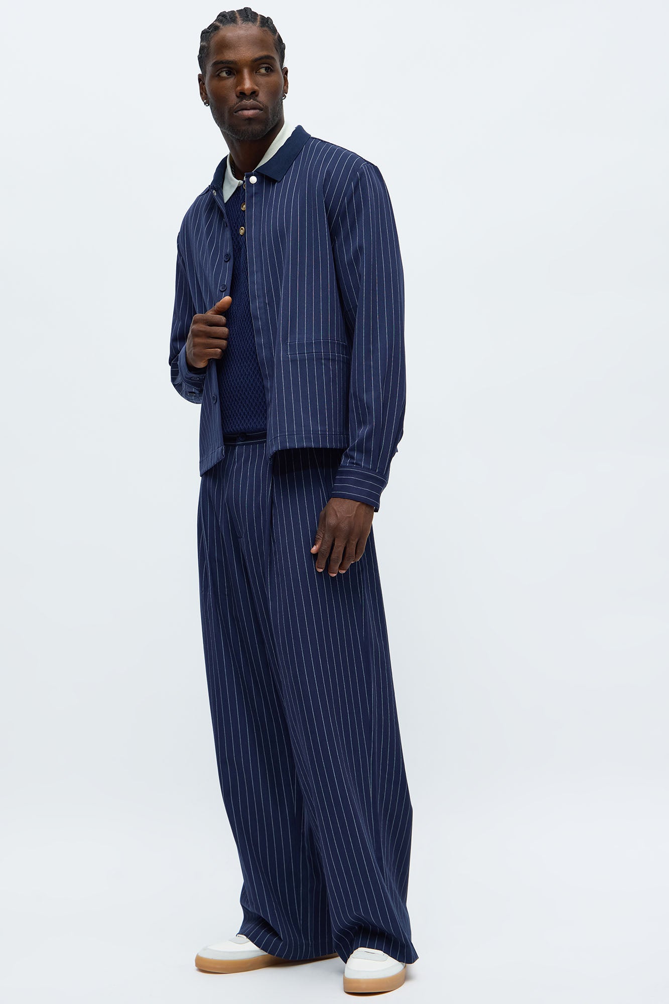 Straight Striped Elevated Shirt Jacket - Navy