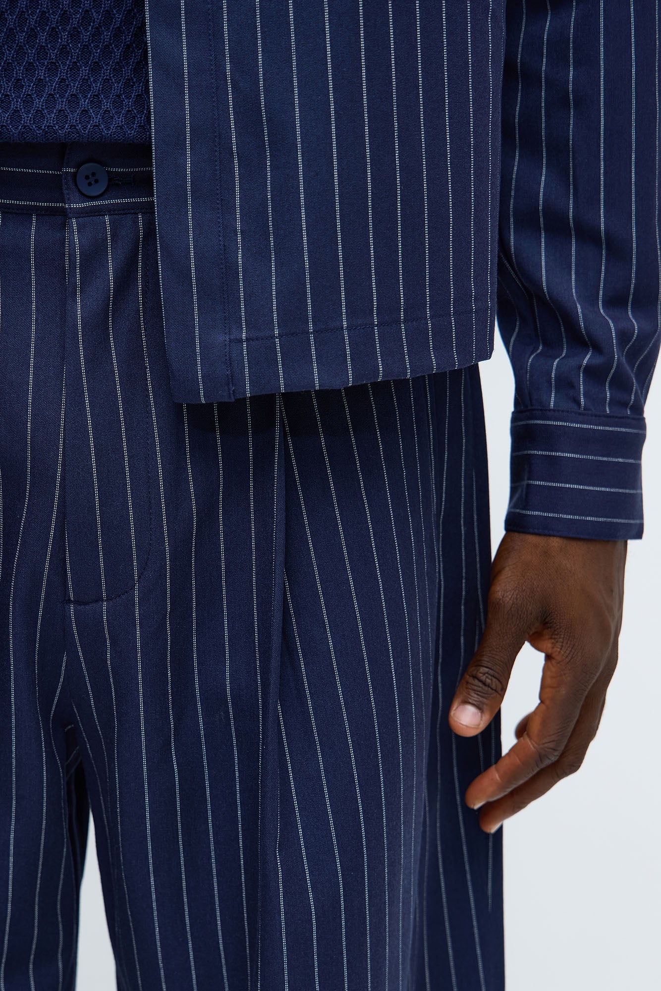 Wide Leg Straight Striped Double Pleated Trouser - Navy