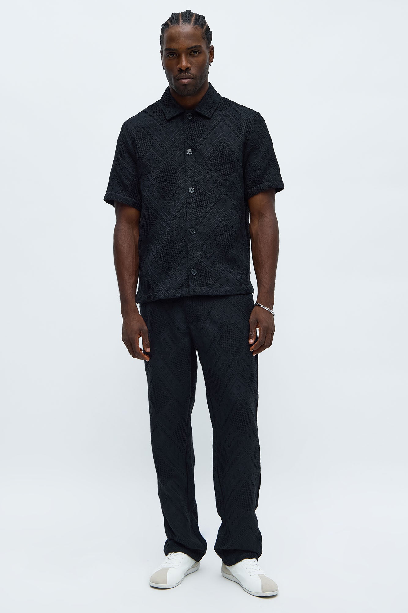 Twist Weave Textured Button Up Shirt - Black