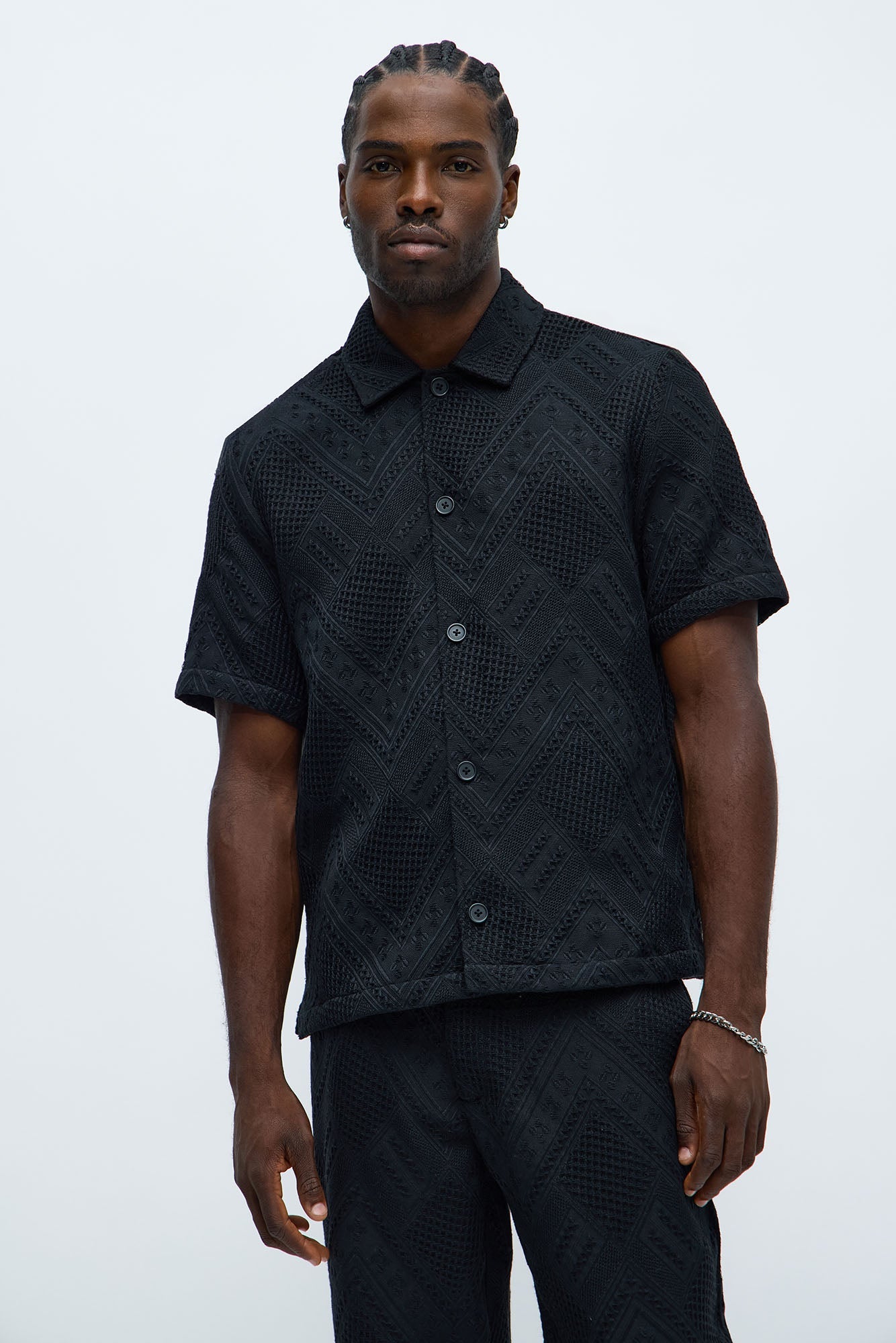 Twist Weave Textured Button Up Shirt - Black