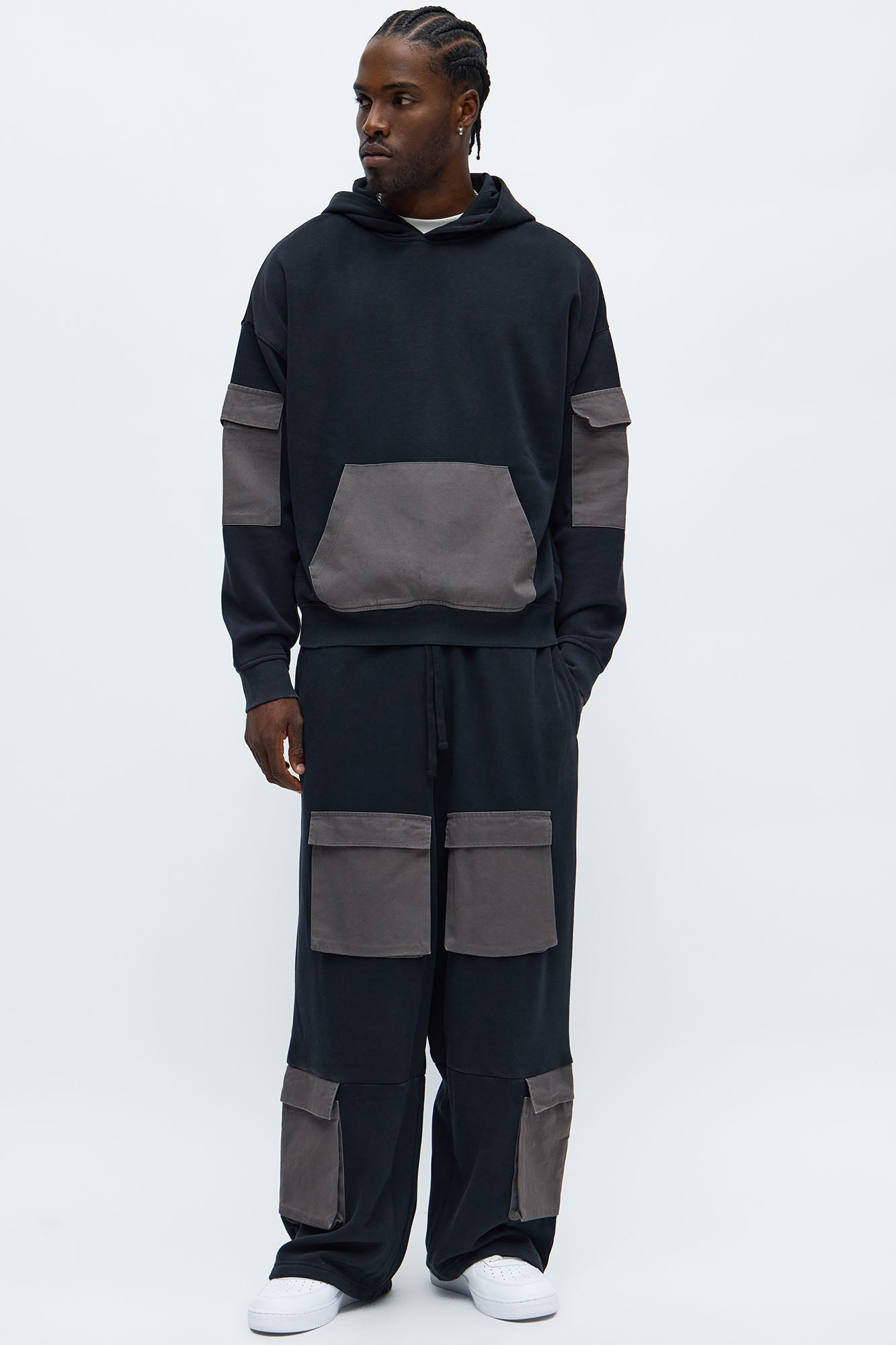 Oversized Twill Cargo Hoodie - Black/combo