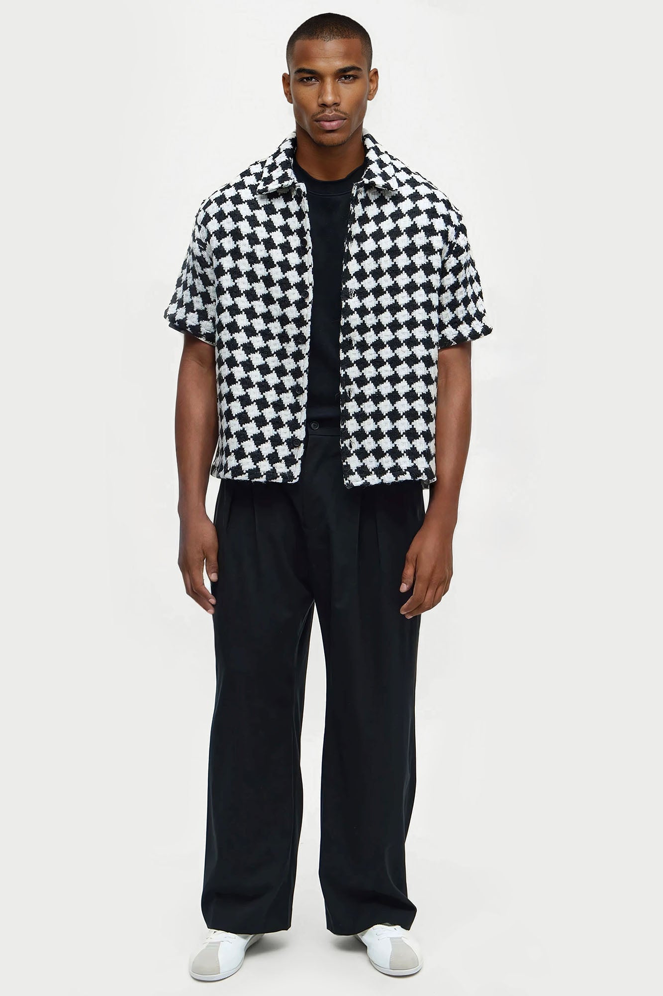 Boxy Cropped Mosaic Button Up Shirt - Black