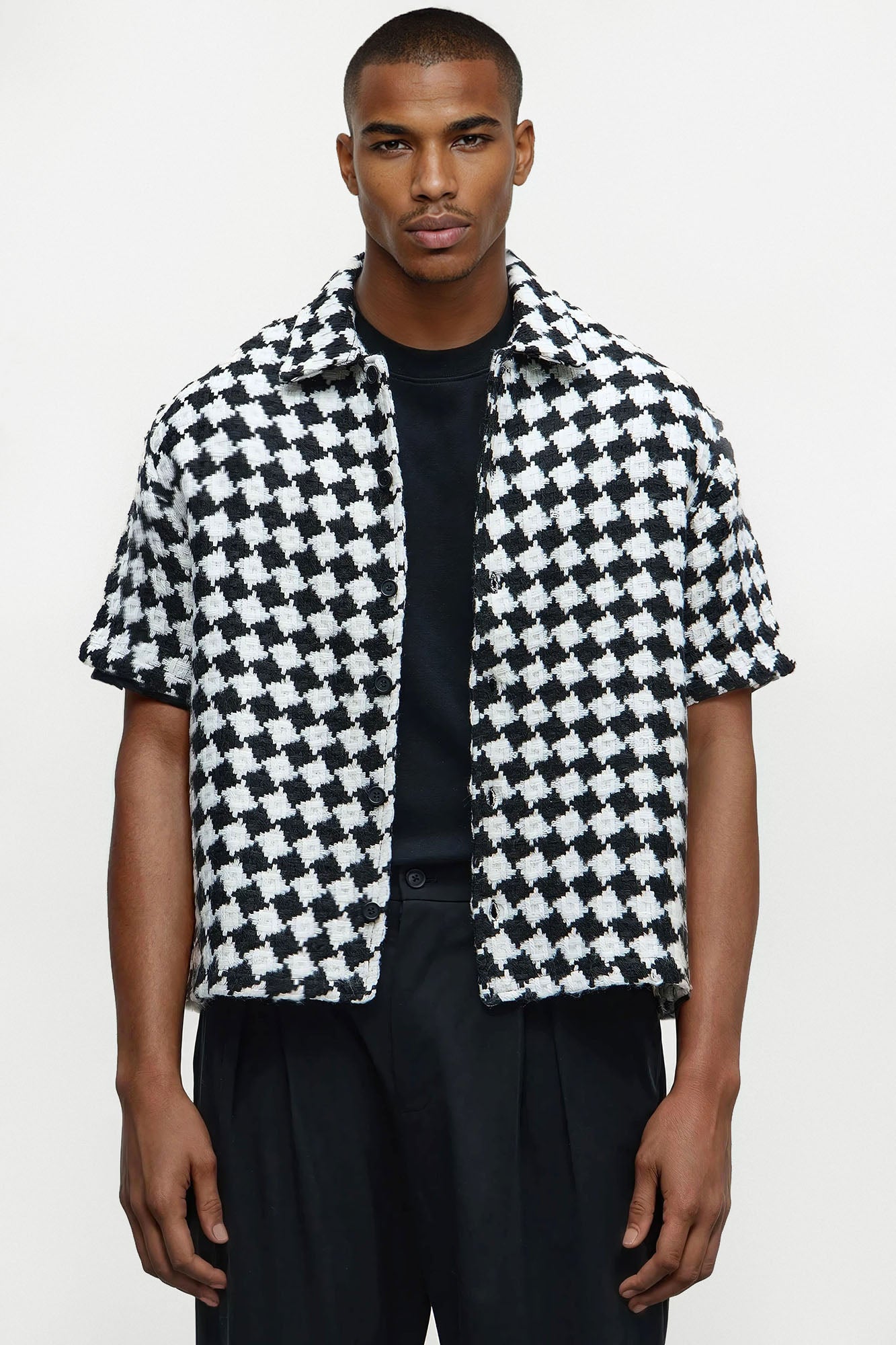 Boxy Cropped Mosaic Button Up Shirt - Black