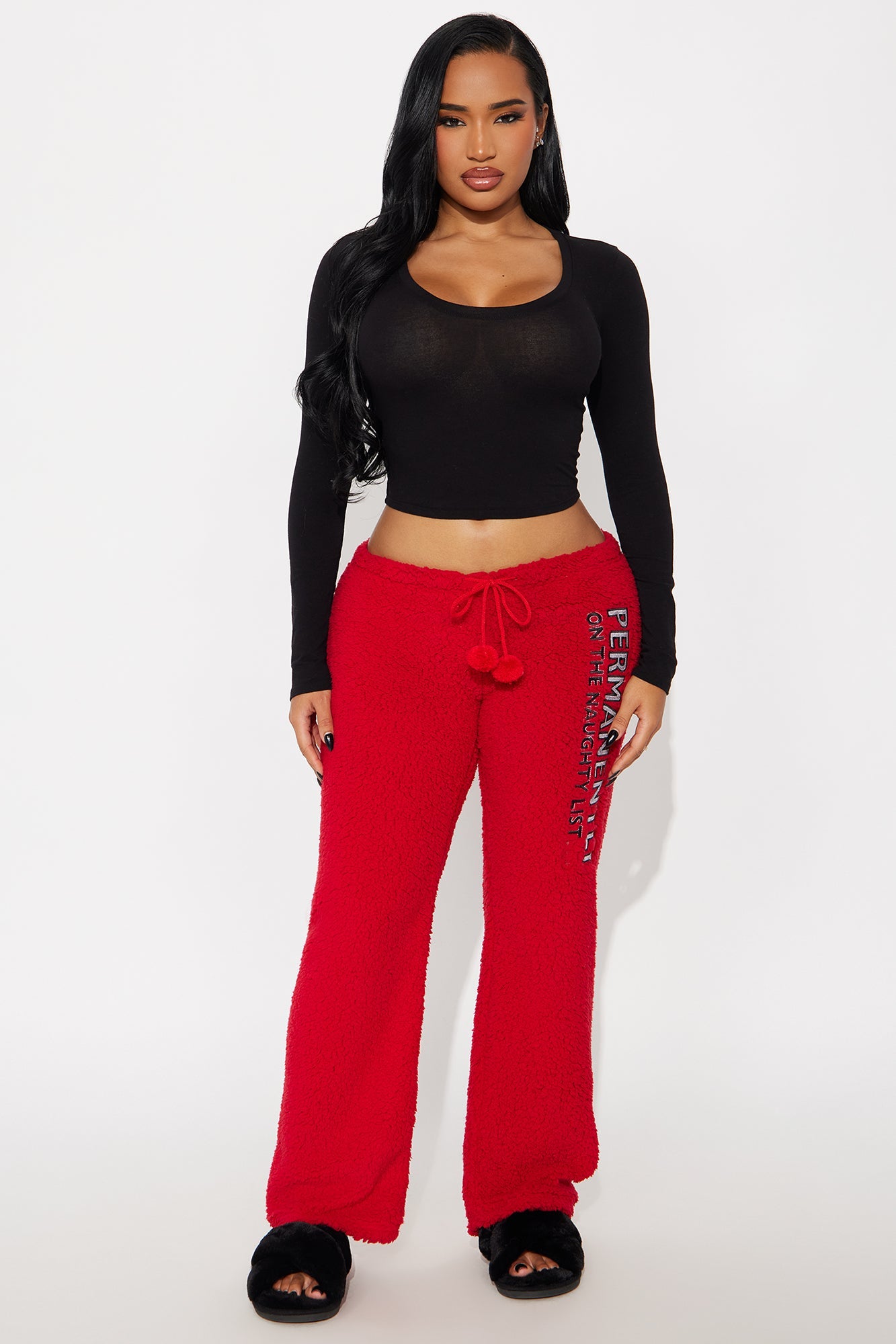On The Naughty List Embroidered Sherpa PJ Pants - Red