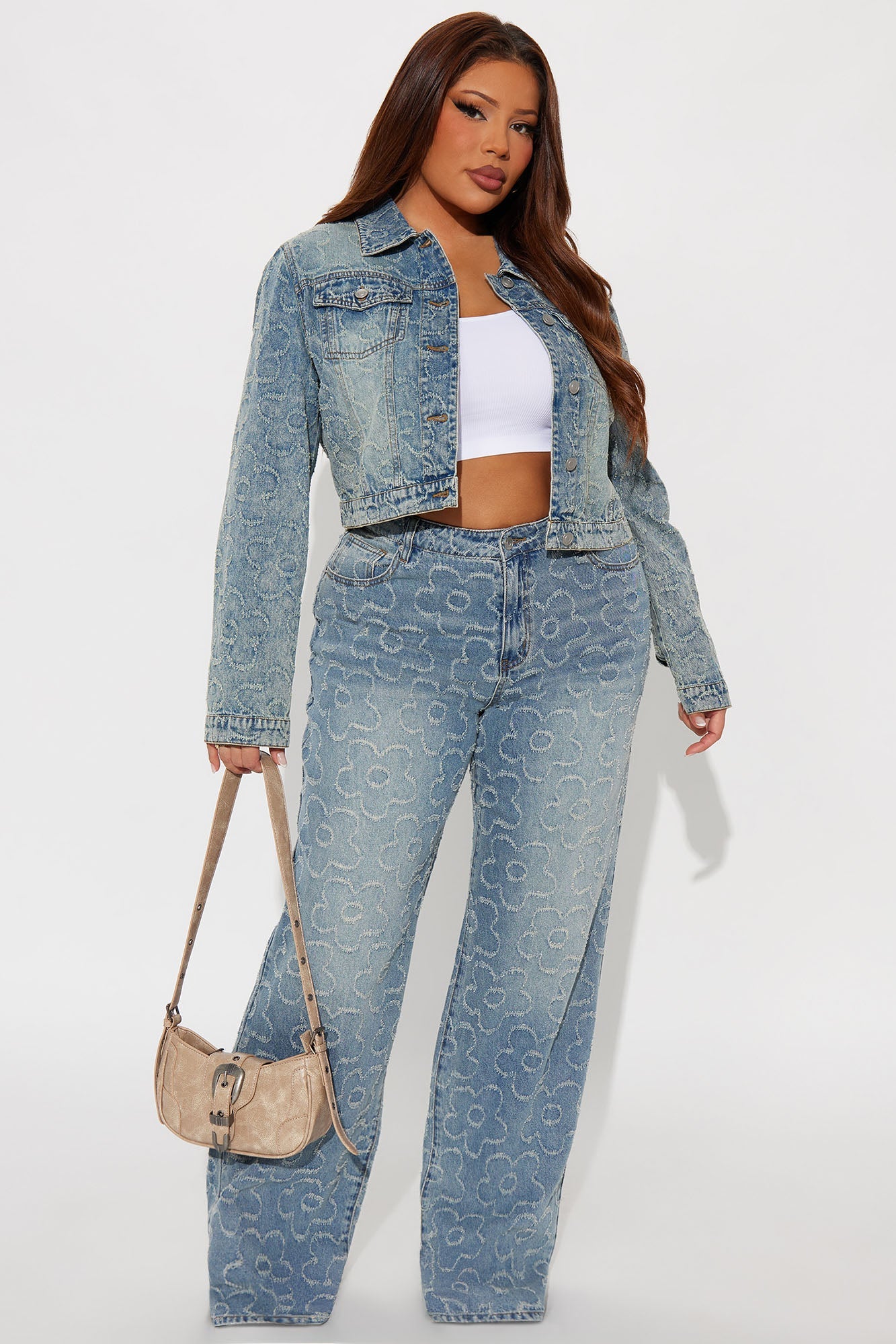 Flower Power Jacquard Denim Jacket - Medium Wash