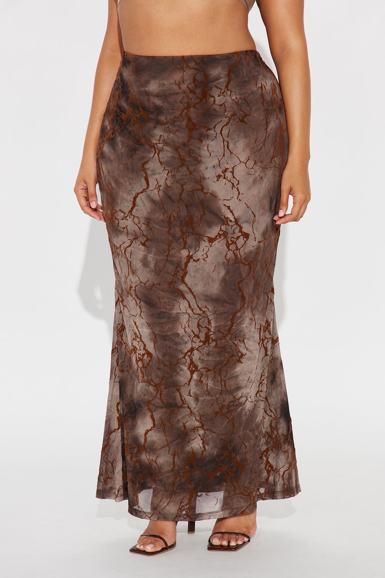 Caught In Storm Flocked Mesh Maxi Skirt - Brown/combo