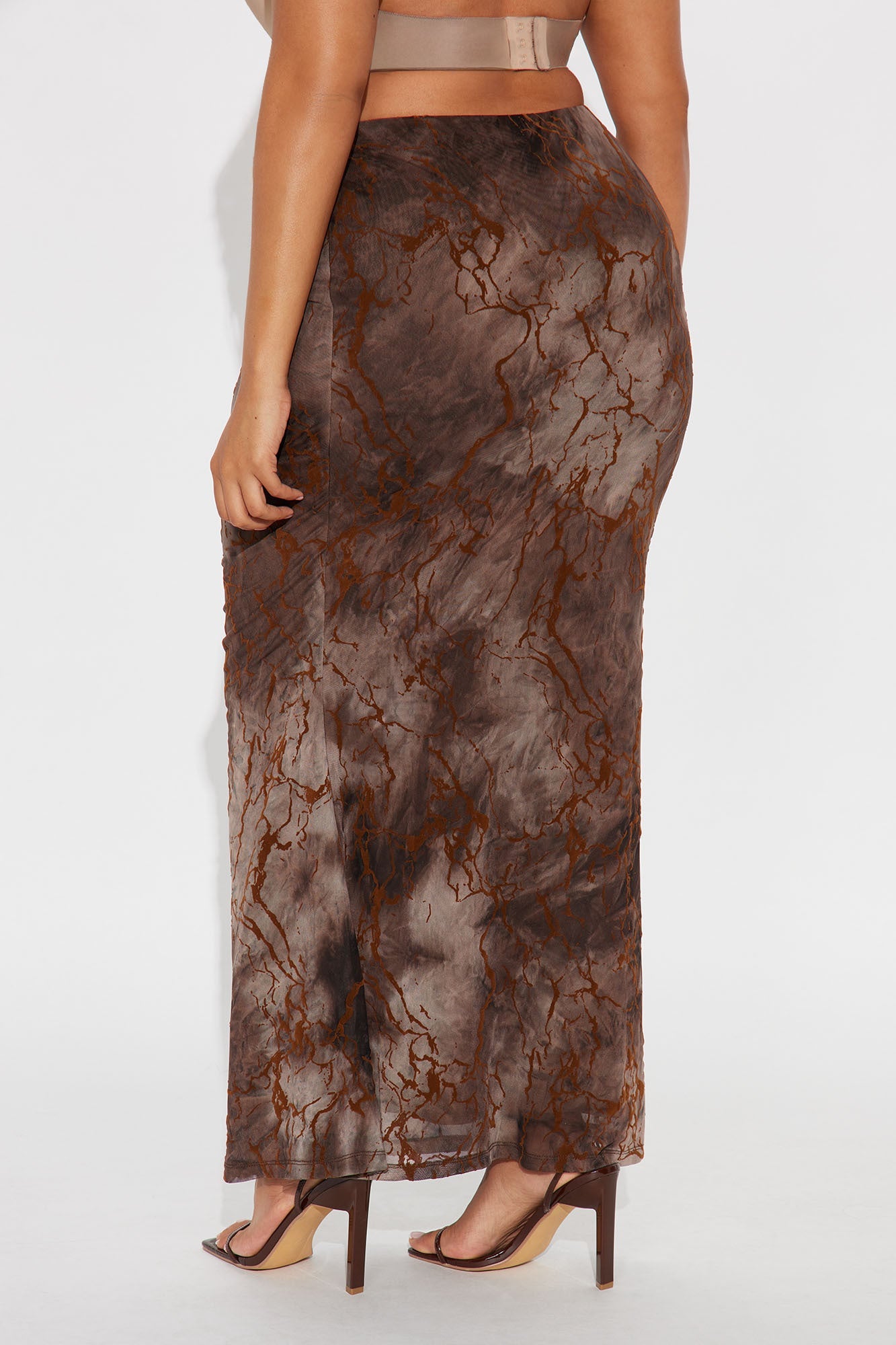 Caught In Storm Flocked Mesh Maxi Skirt - Brown/combo
