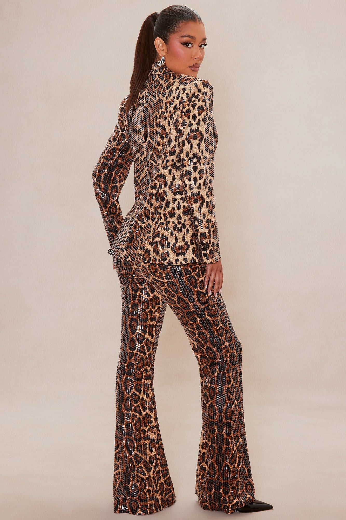 Vega Sequin Blazer Pant Set - Leopard