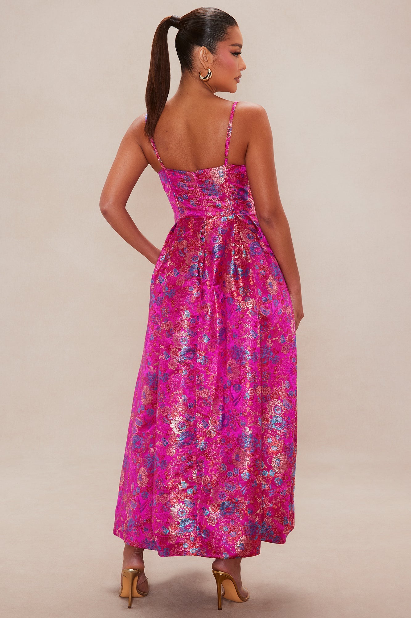 Jessica Satin Floral Midi Dress - Fuchsia