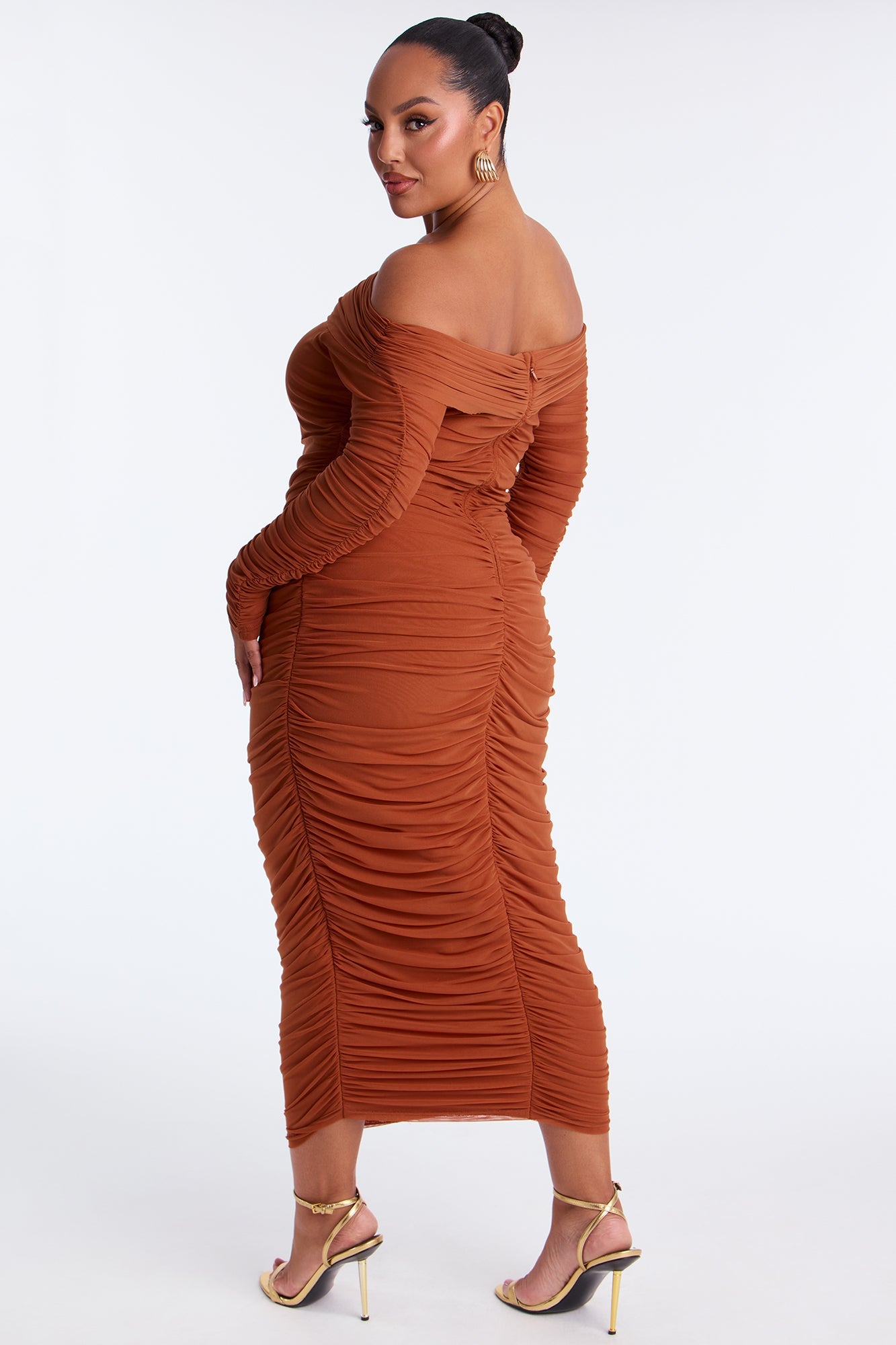 Hallie Ruched Mesh Bandage Midi Dress - Camel
