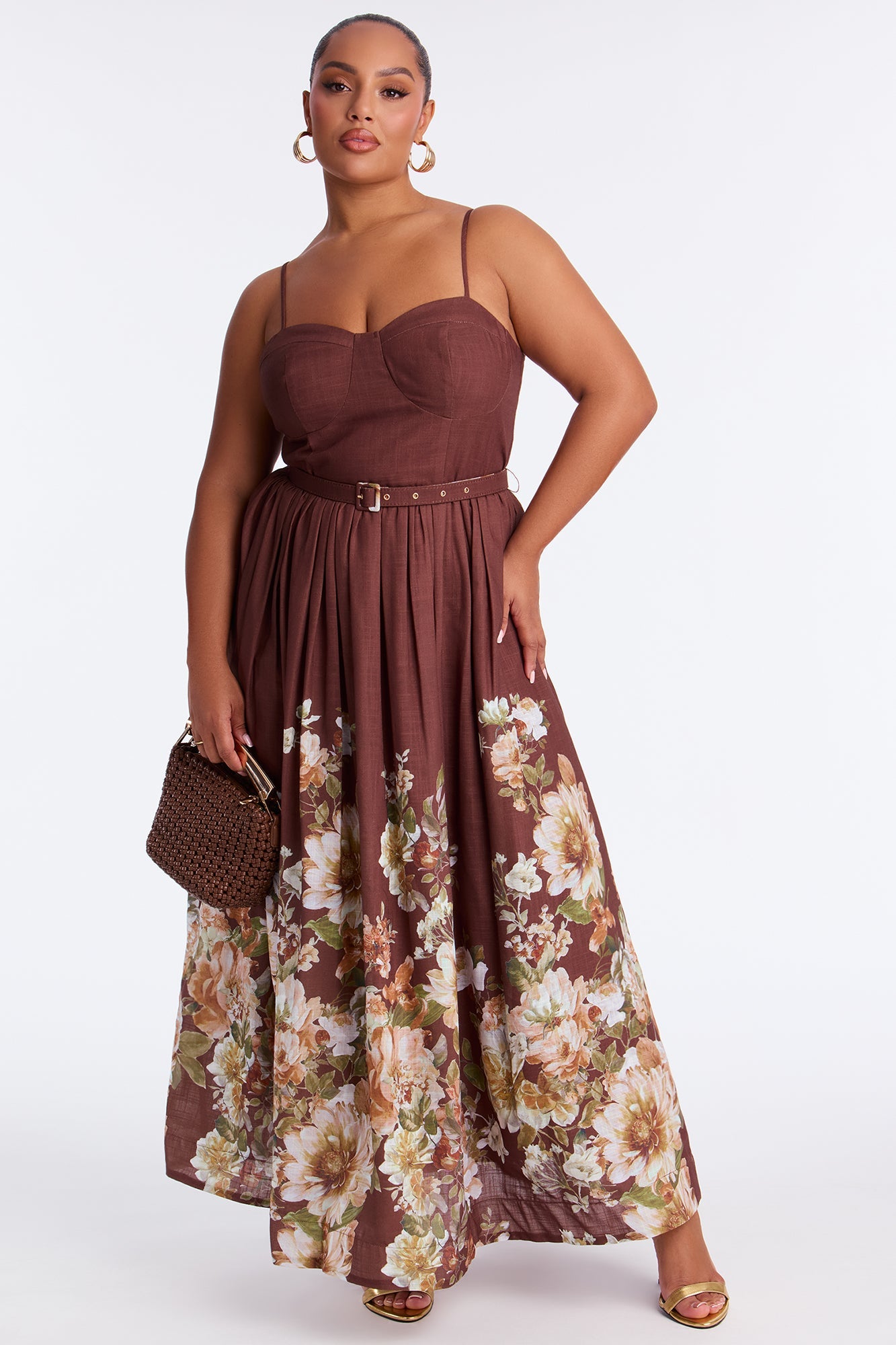 In The Flower Fields Linen Maxi Dress - Brown