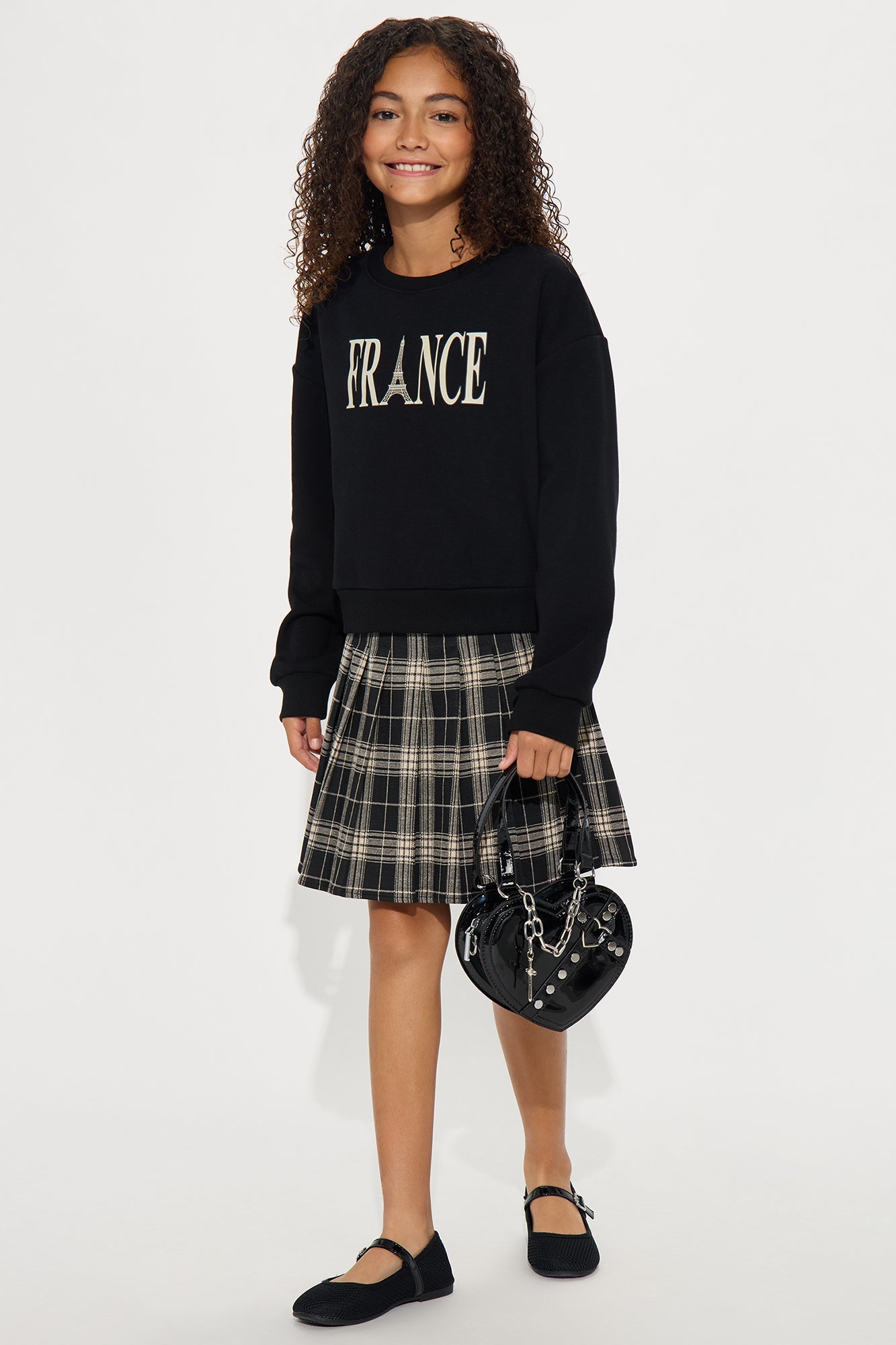 Mini Love From France Pullover Sweatshirt and Skirt Set - Black/combo