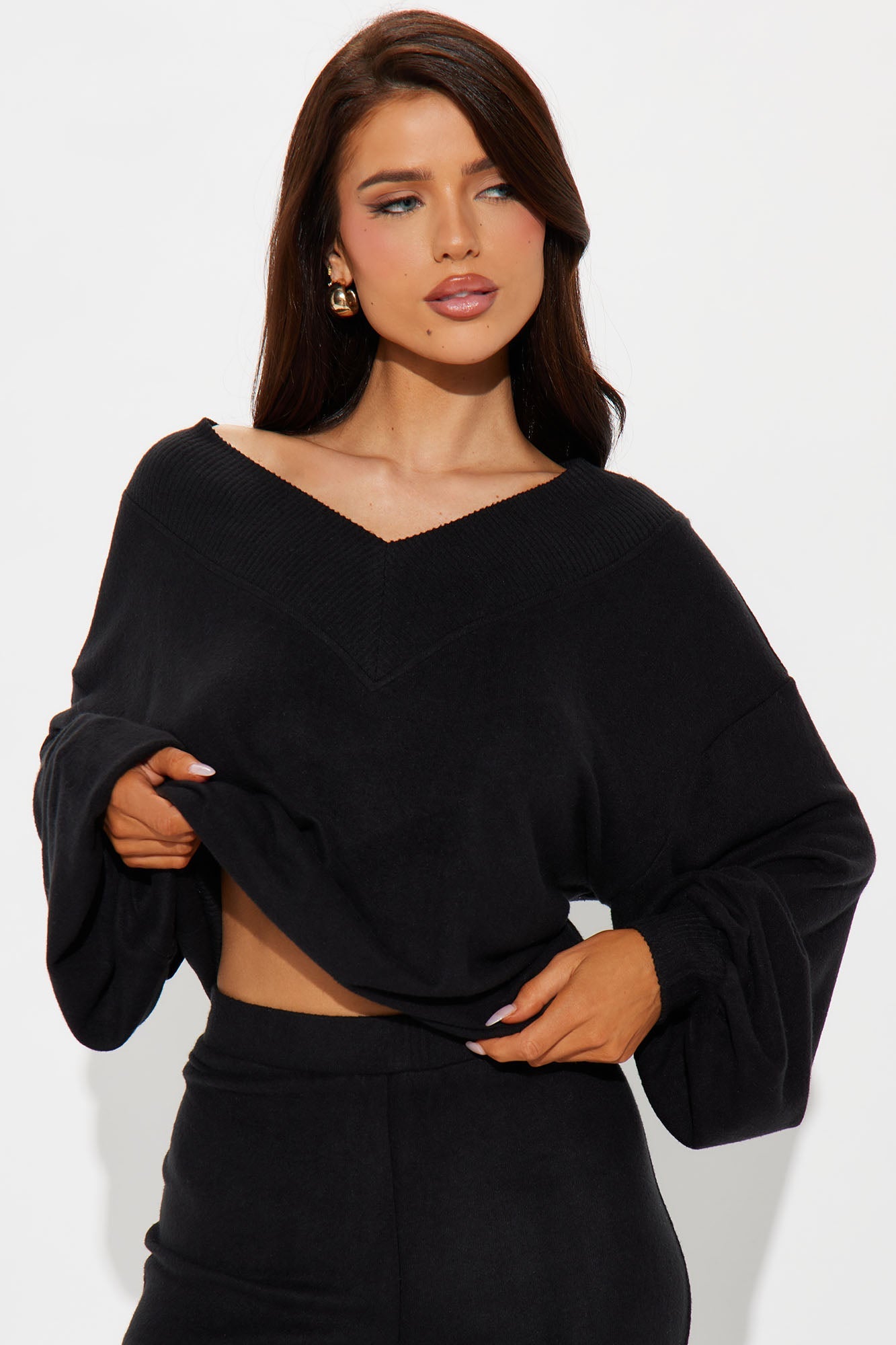 Simple Favor Hacci Flare Leg Pant Set - Black