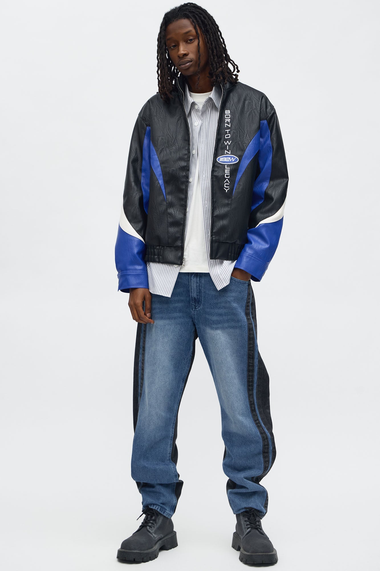 Colorblock Racer Faux Leather Bomber Jacket - Black