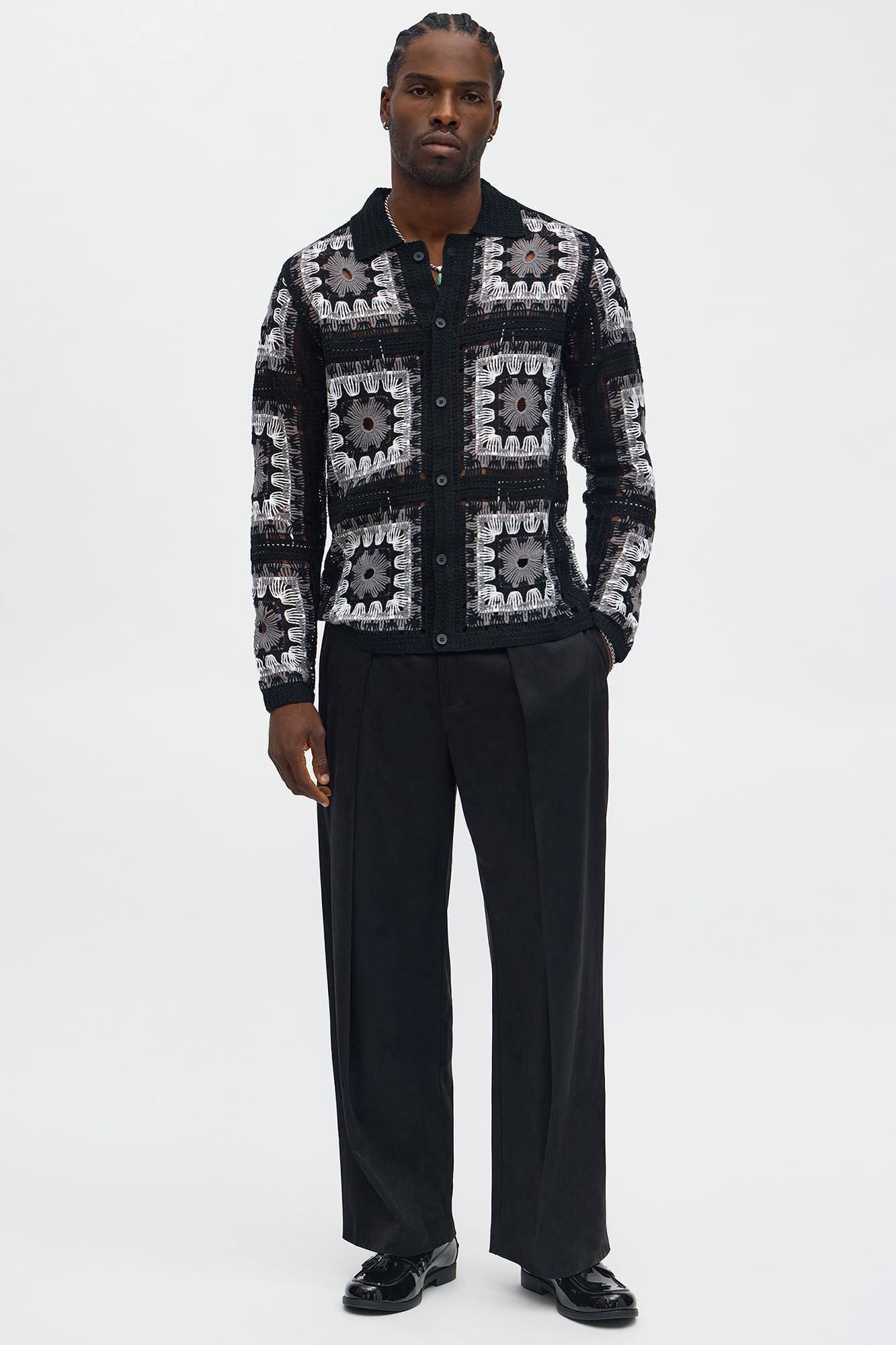 Crochet Stay Button Up Shirt - Black