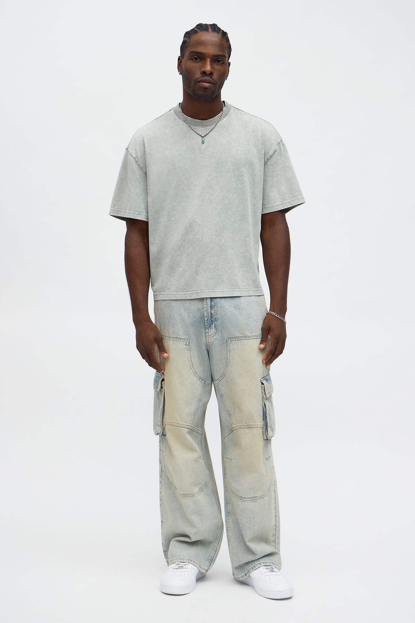 Tinted Acid Wash Boxy Cropped Heavyweight Short Sleeve Tee - Sage