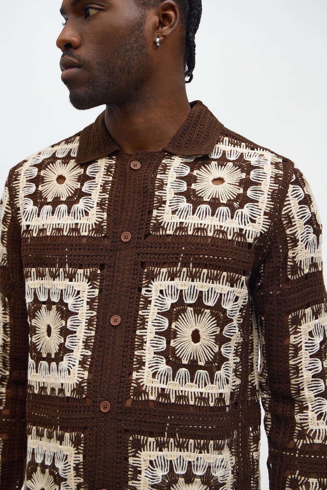 Crochet Stay Button Up Shirt - Brown