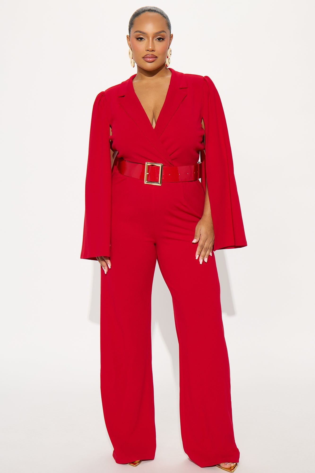 Ceo Vibes Cape Sleeve Belted Jumpsuit - Red