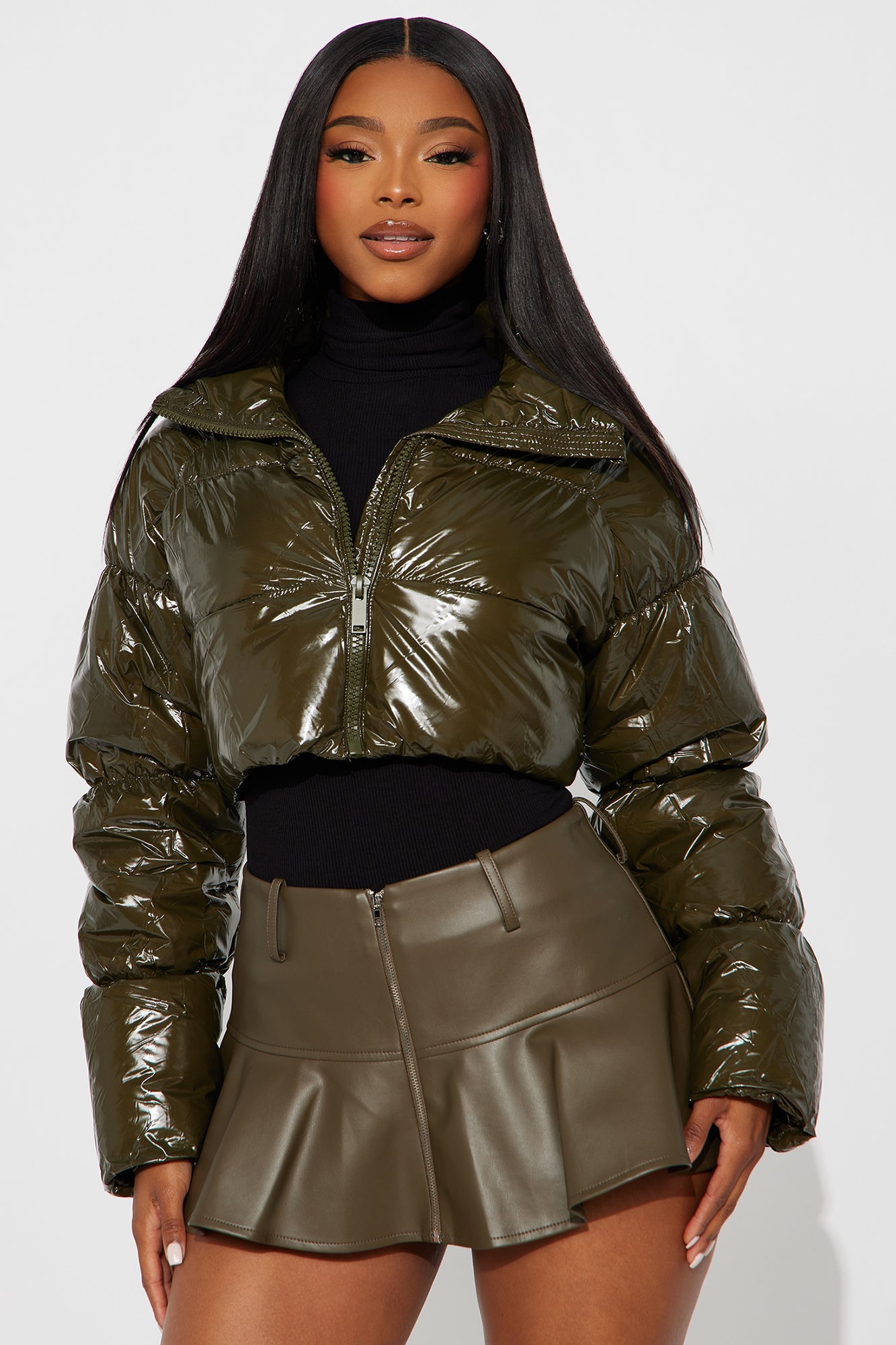 Zora Faux Patent Leather Cropped Puffer Jacket - Olive