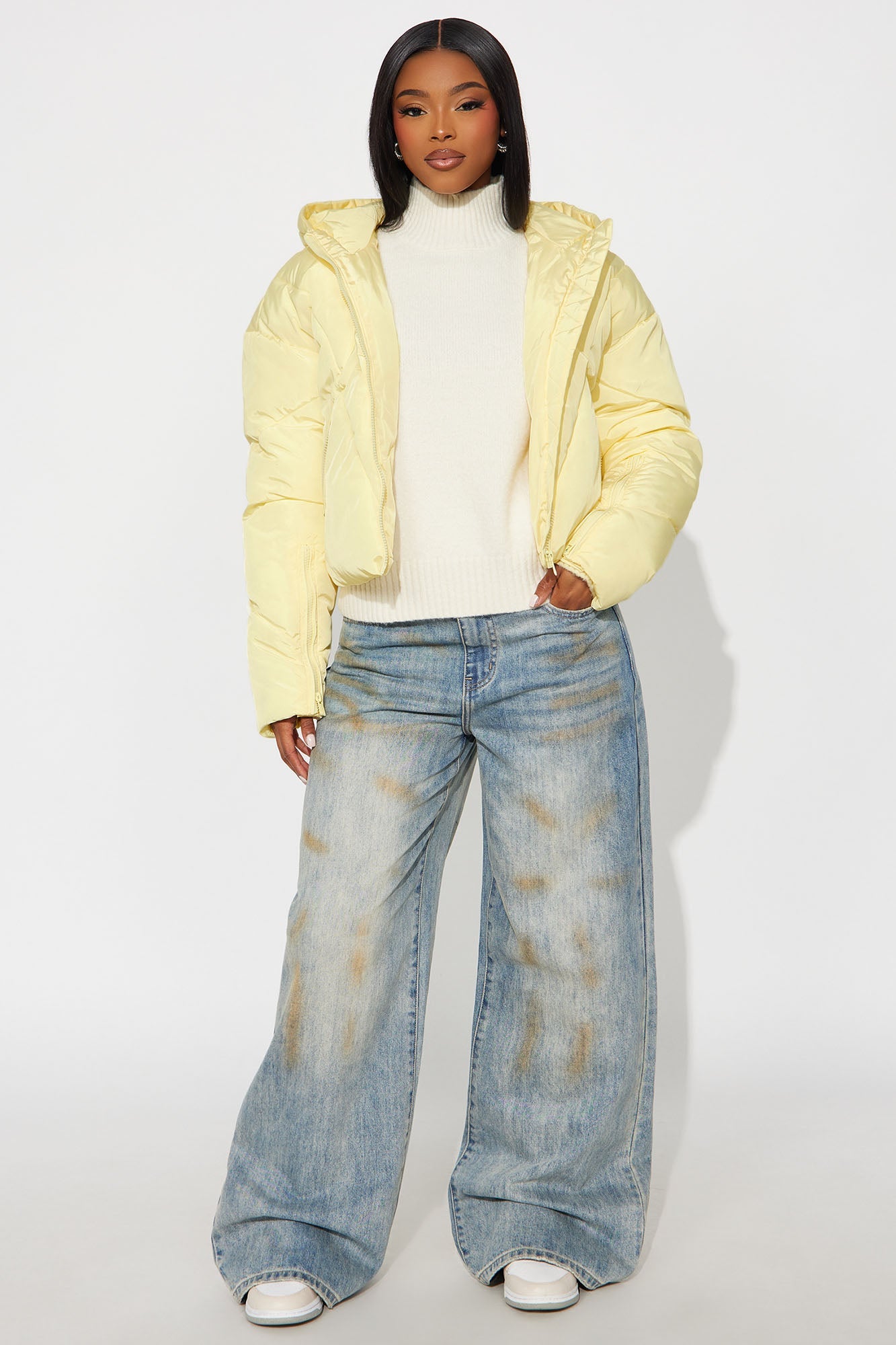 Biggest Fan Cropped Puffer Jacket - Butter Yellow