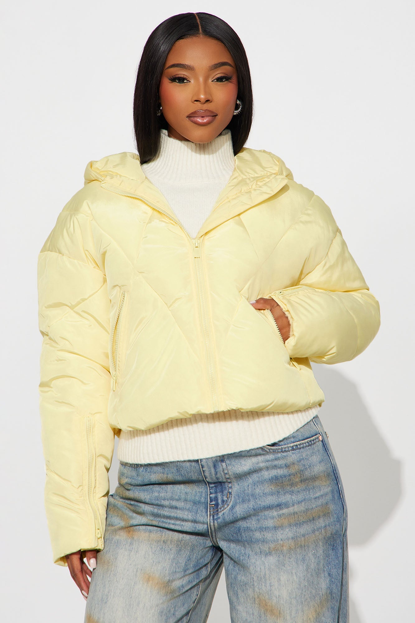 Biggest Fan Cropped Puffer Jacket - Butter Yellow