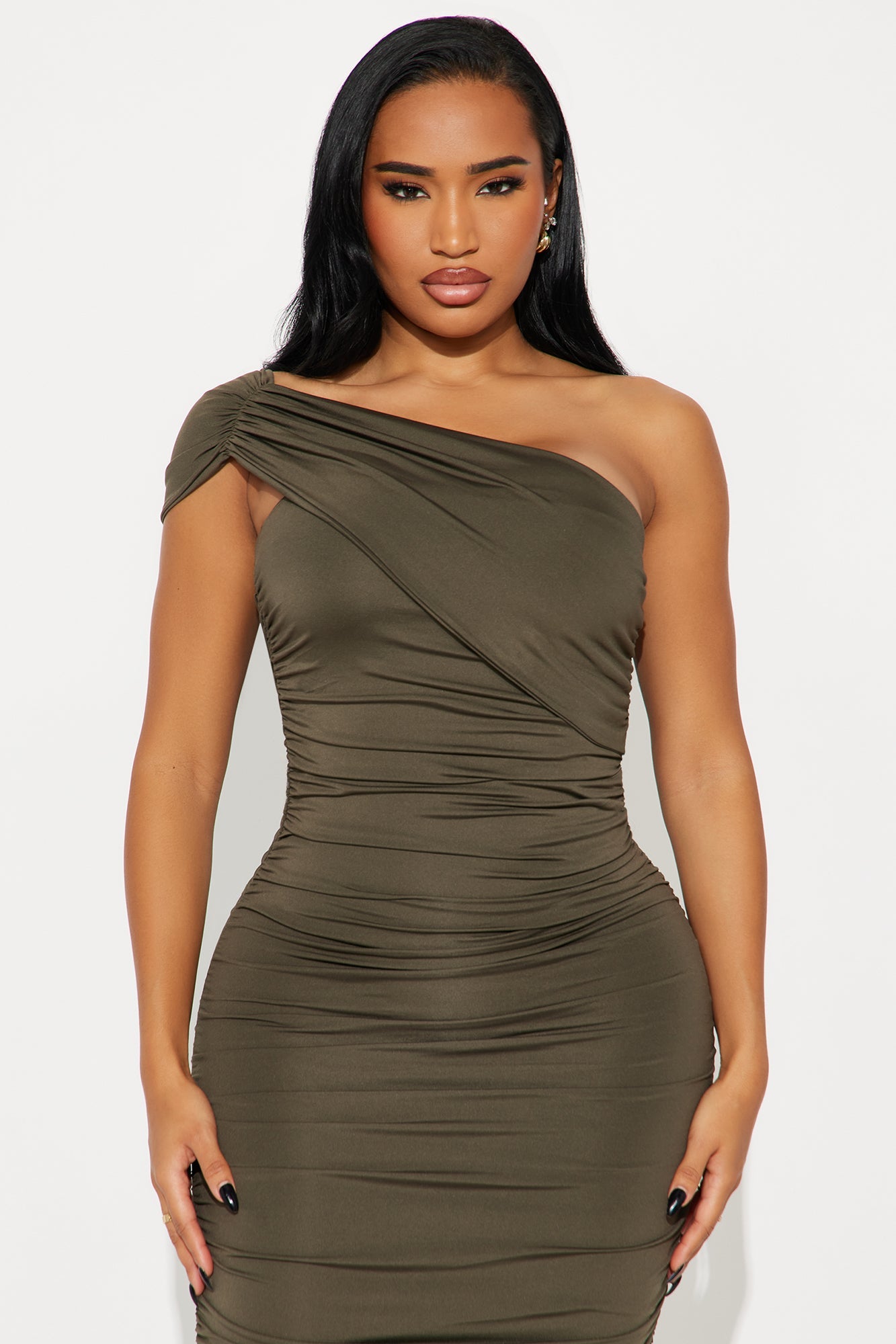 Emmalyn Ruched Midi Dress - Olive