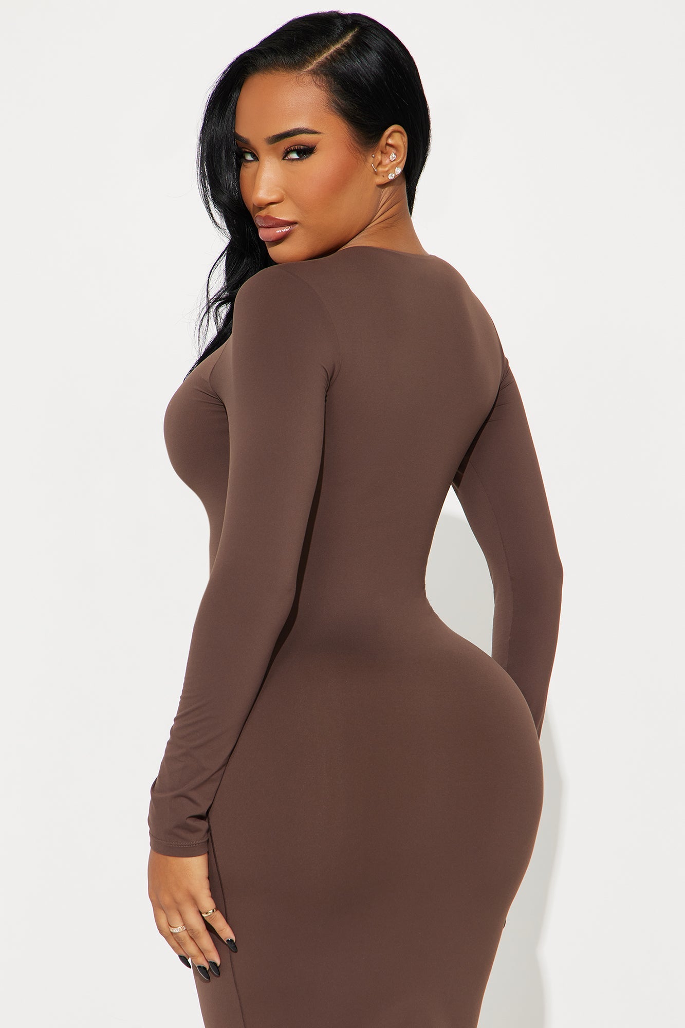 Second Skin Double Lined Zip Front Long Sleeve Midi Dress - Chocolate