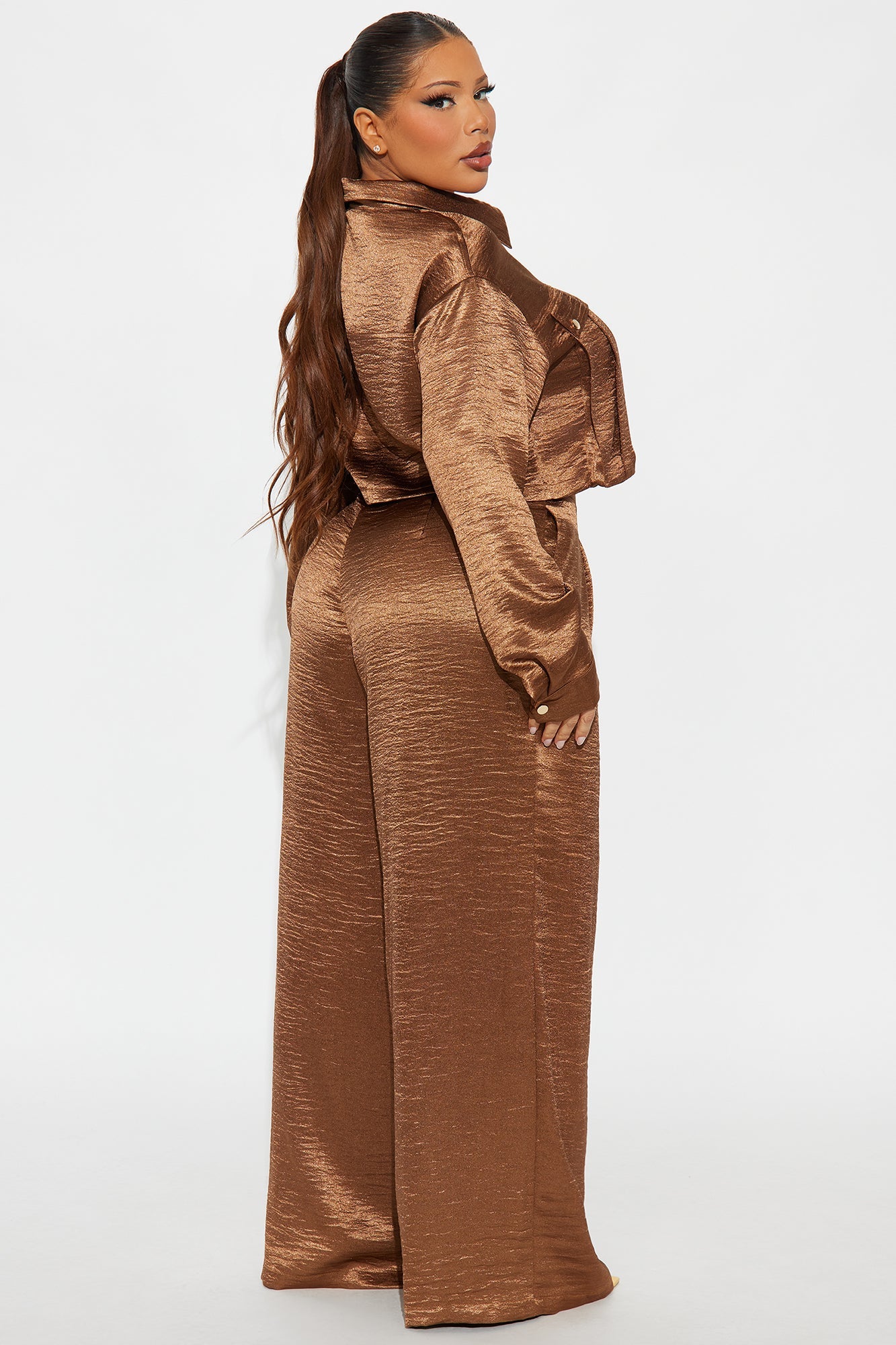 Hailey Satin Long Sleeve Pant Set - Bronze