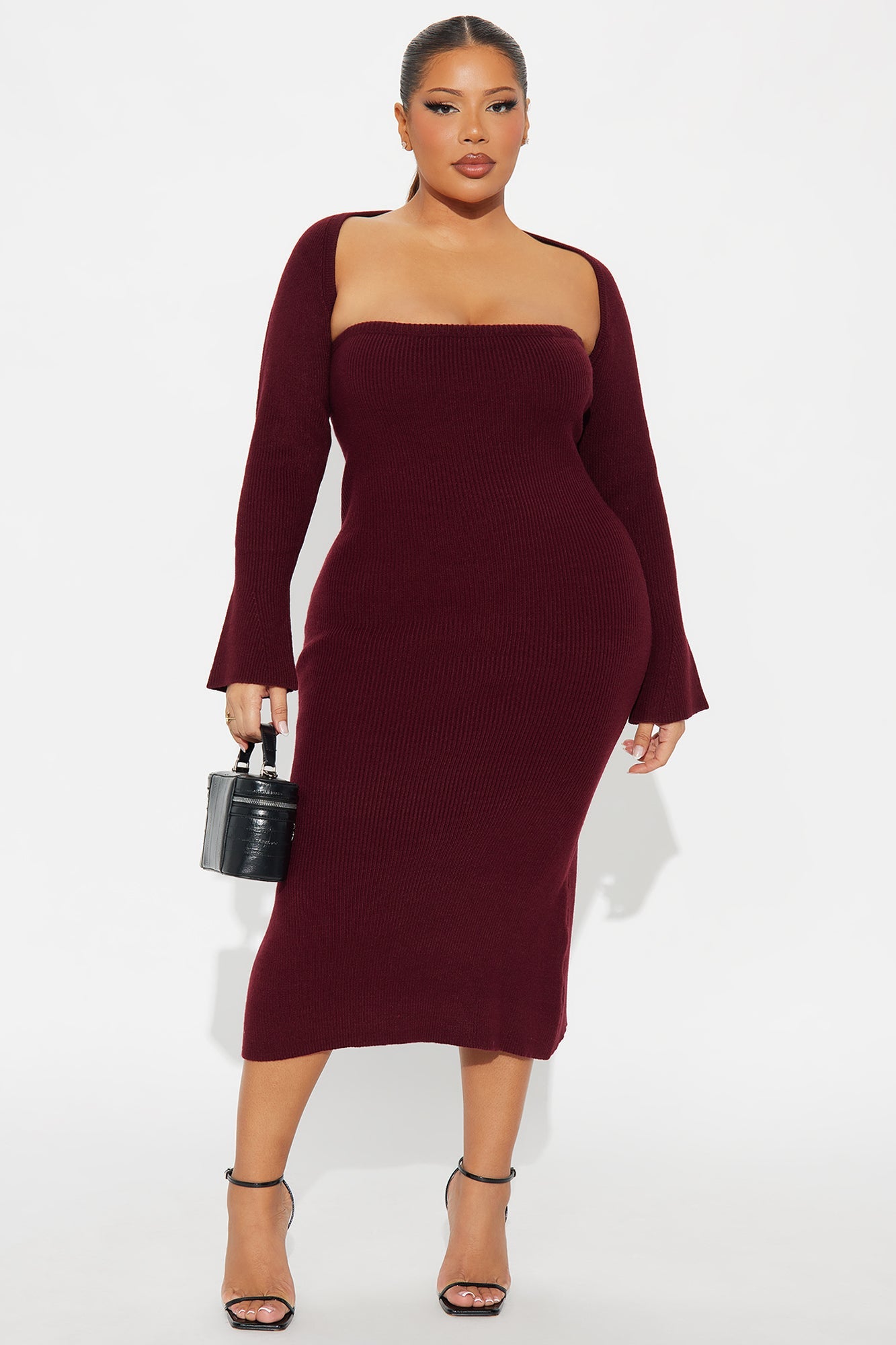Twice As Cute Bolero Sweater Midi Dress Set - Burgundy