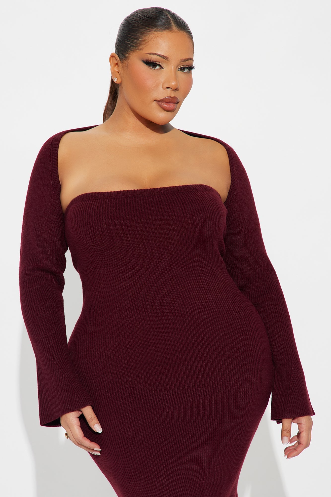 Twice As Cute Bolero Sweater Midi Dress Set - Burgundy