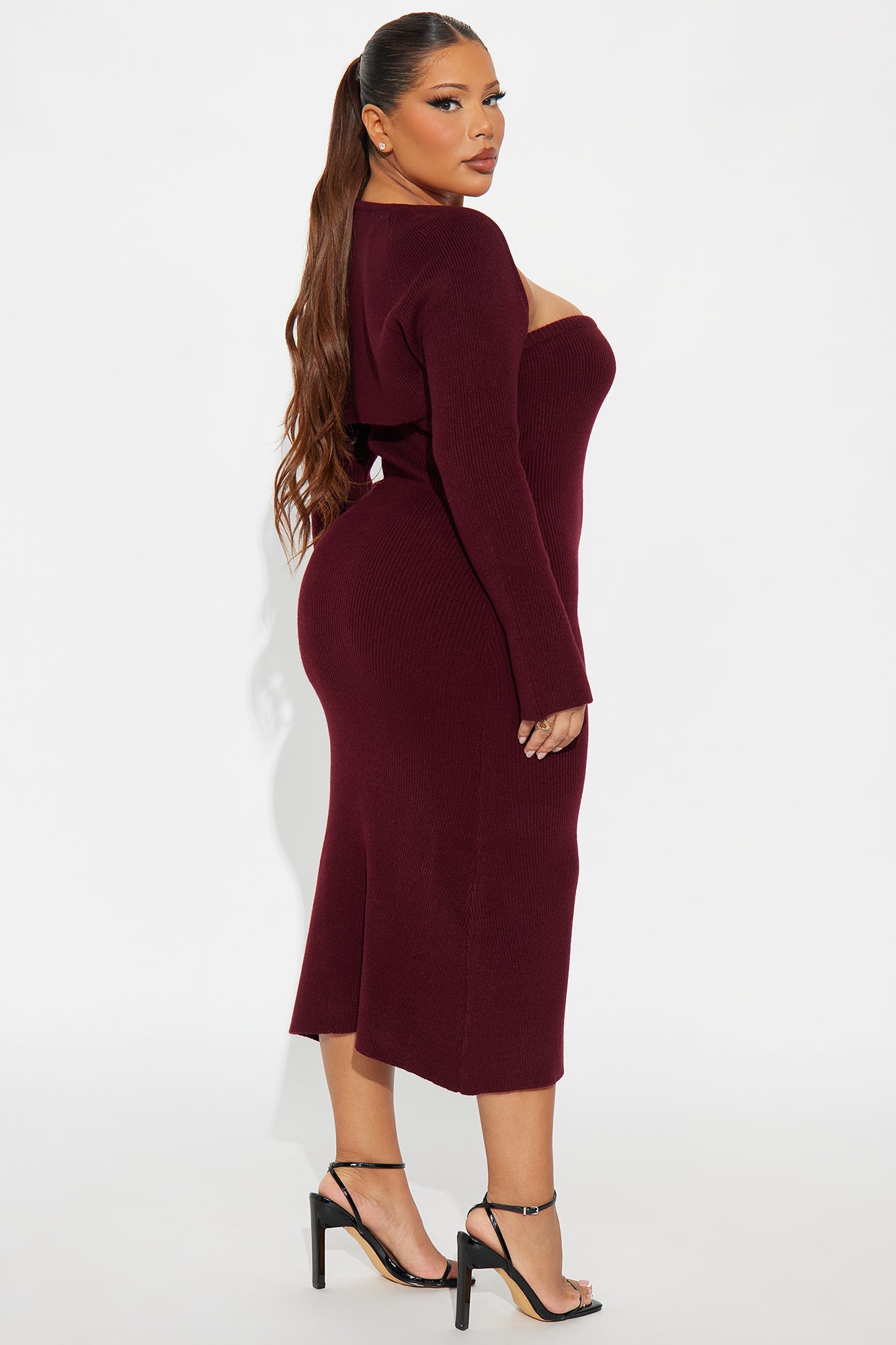 Twice As Cute Bolero Sweater Midi Dress Set - Burgundy