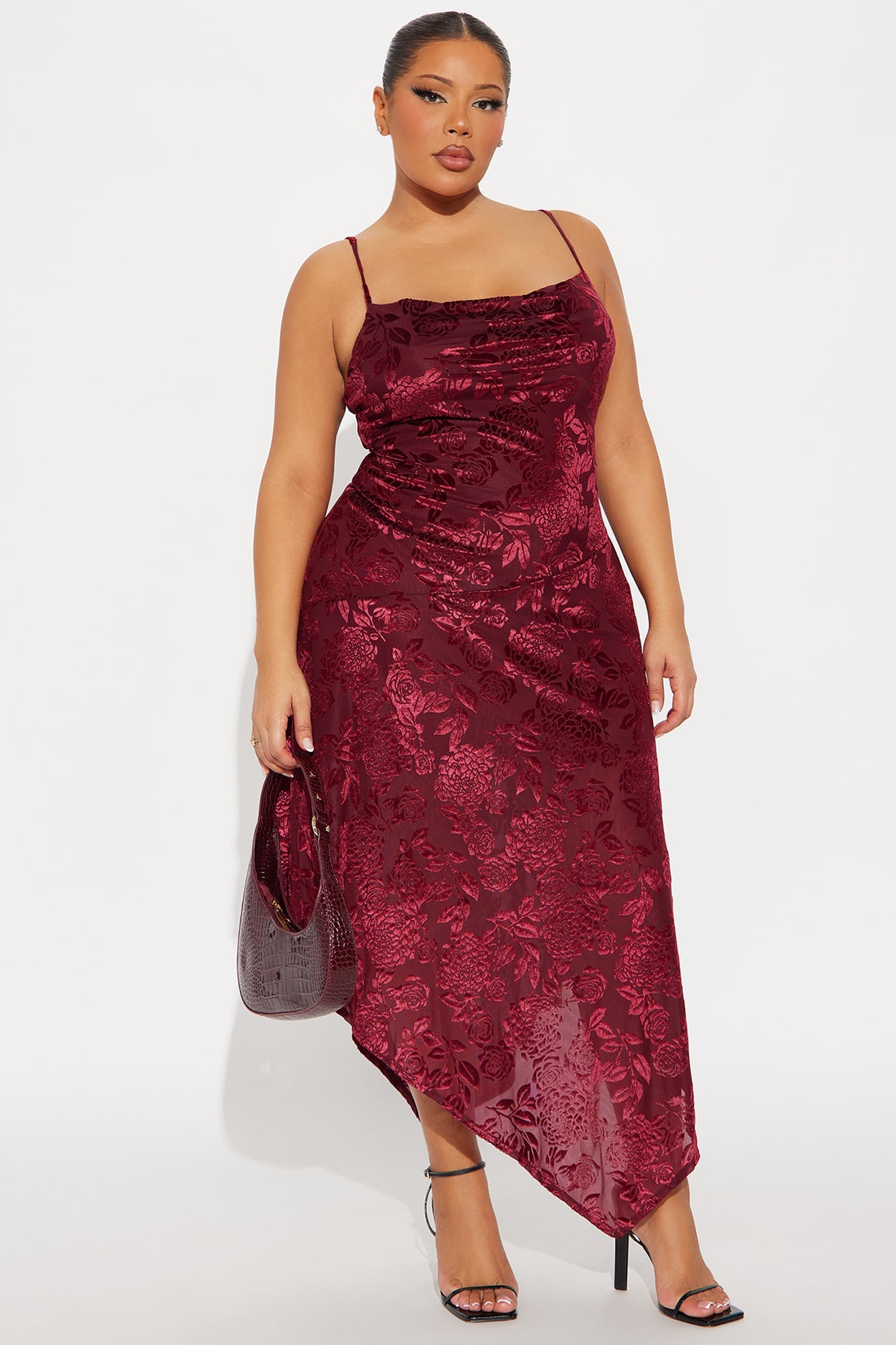 Noemi Asymmetrical Flocked Mesh Midi Dress - Wine