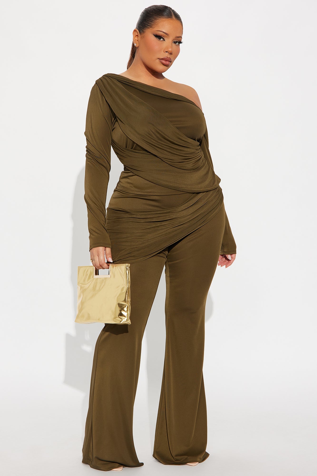 Evelyn One Shoulder Draped Pant Set - Olive
