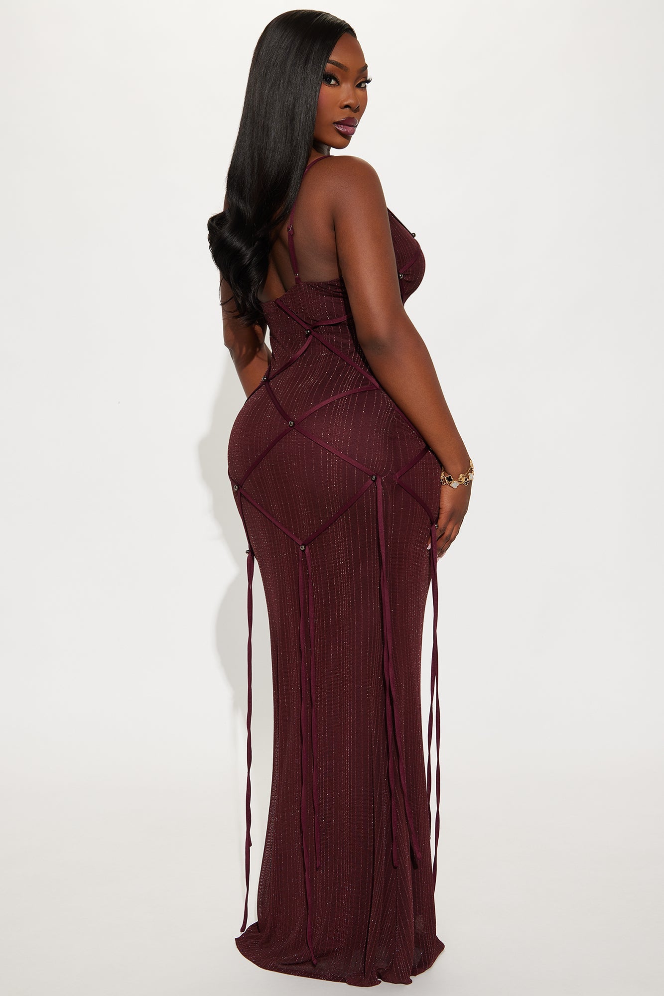 Brianne Glitter Mesh Stappy Maxi Dress - Burgundy