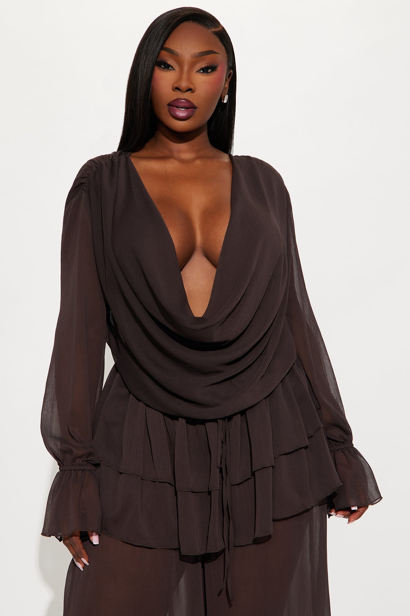 Romantic Night Ruffle Pant Set - Chocolate