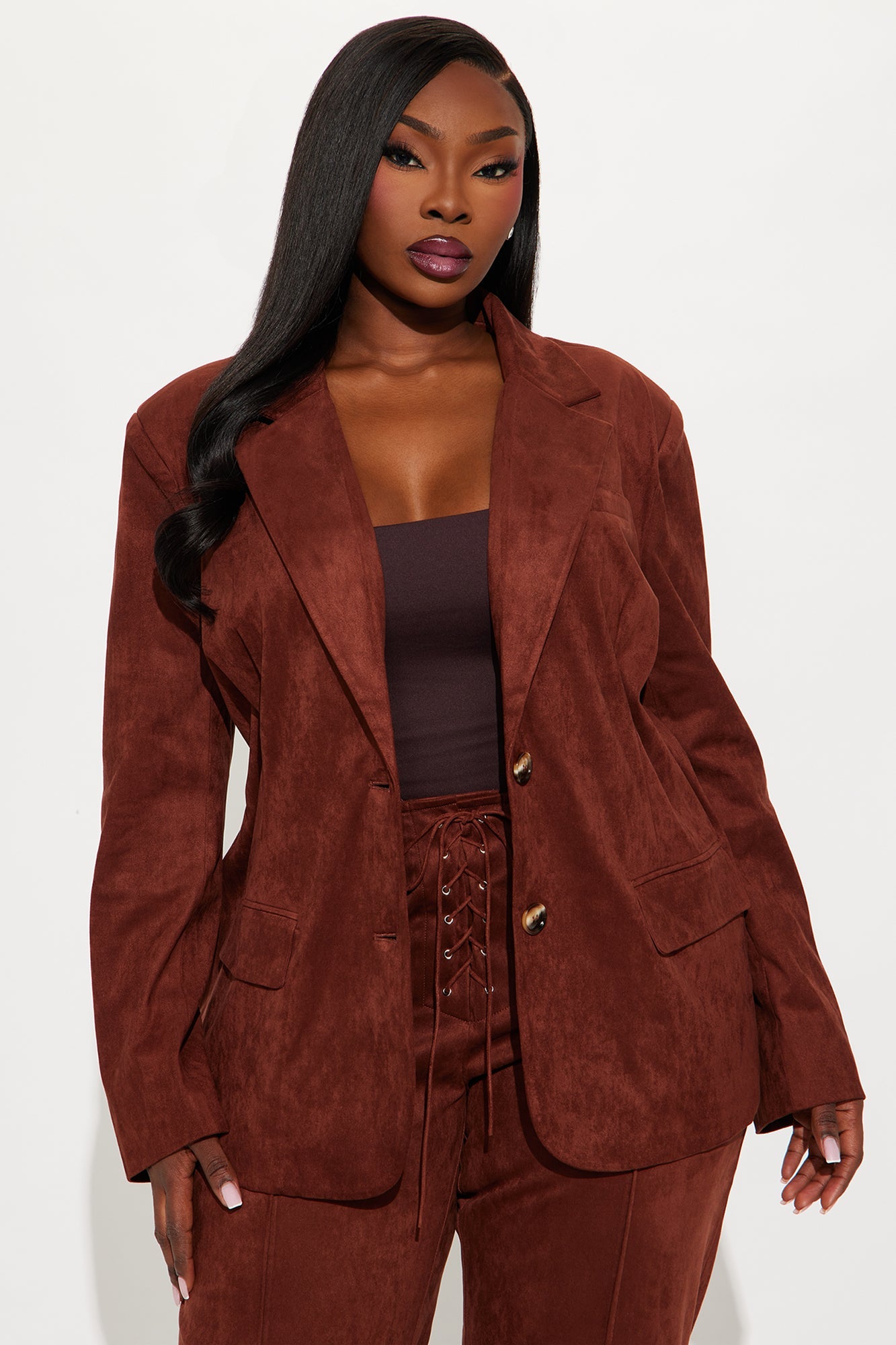 Heather Blazer Faux Suede Pant Set - Brown