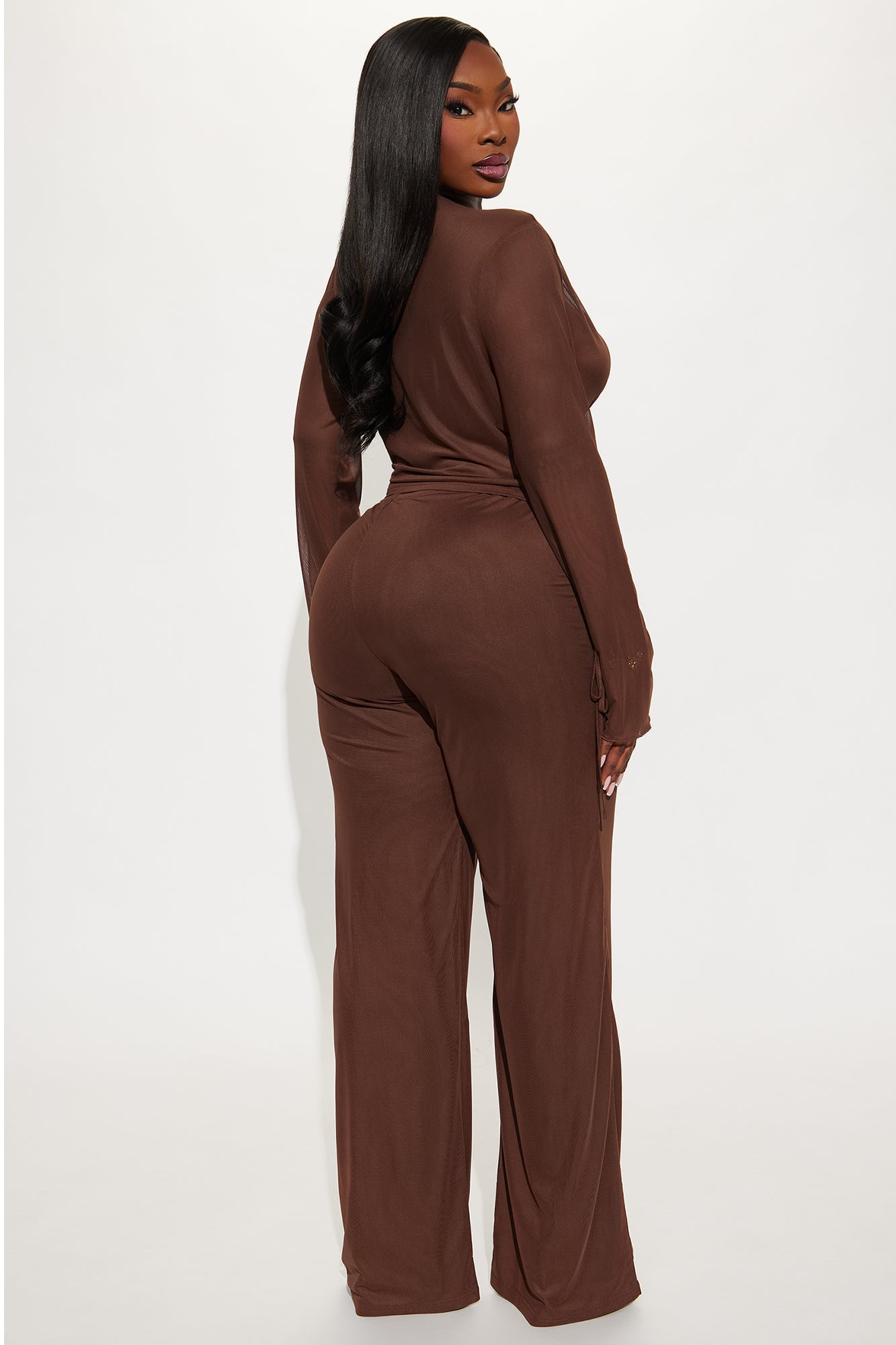 Silent Muse Cowl Neck Mesh Pant Set - Chocolate