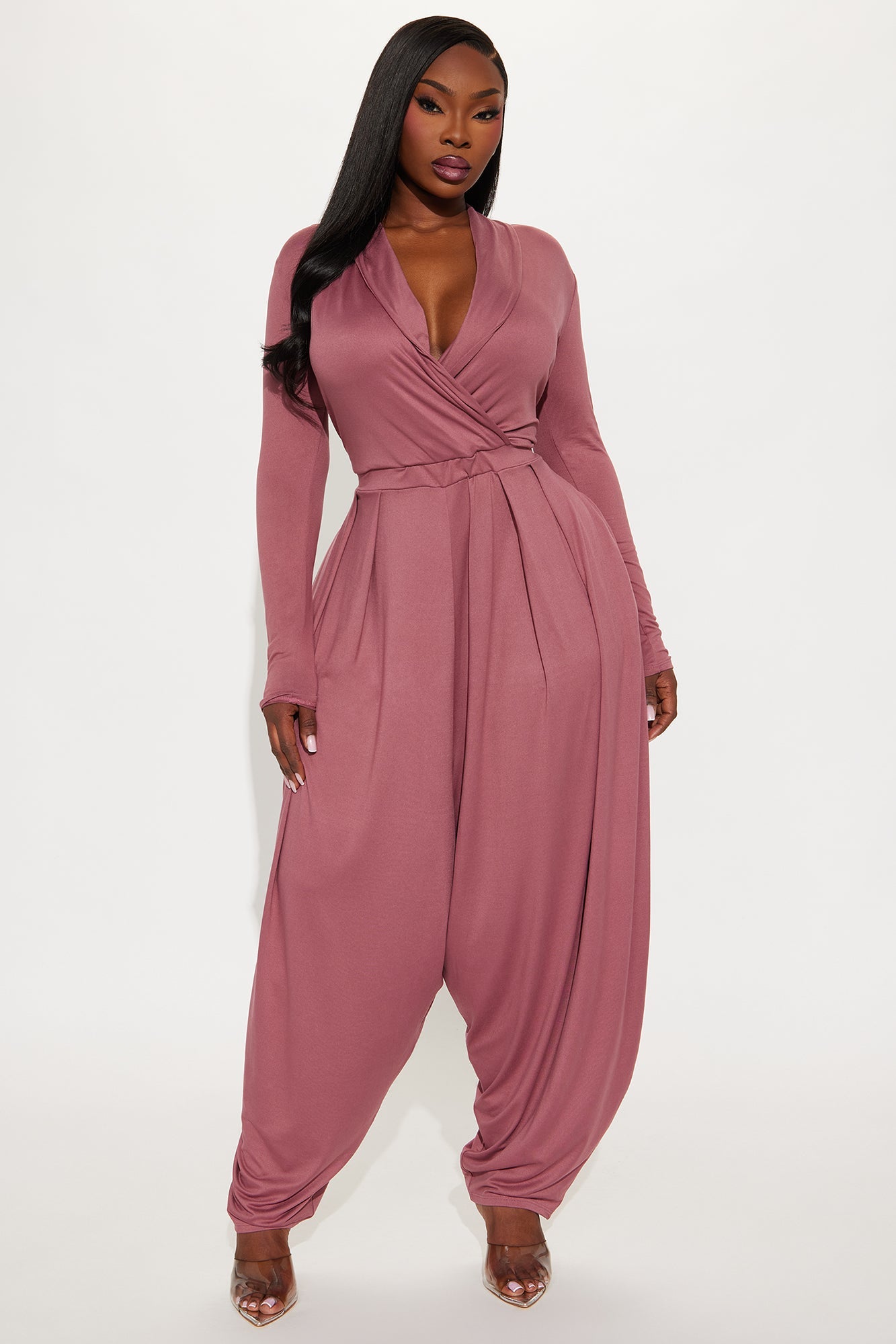 Raelynn Balloon Leg Long Sleeve Jumpsuit - Mauve