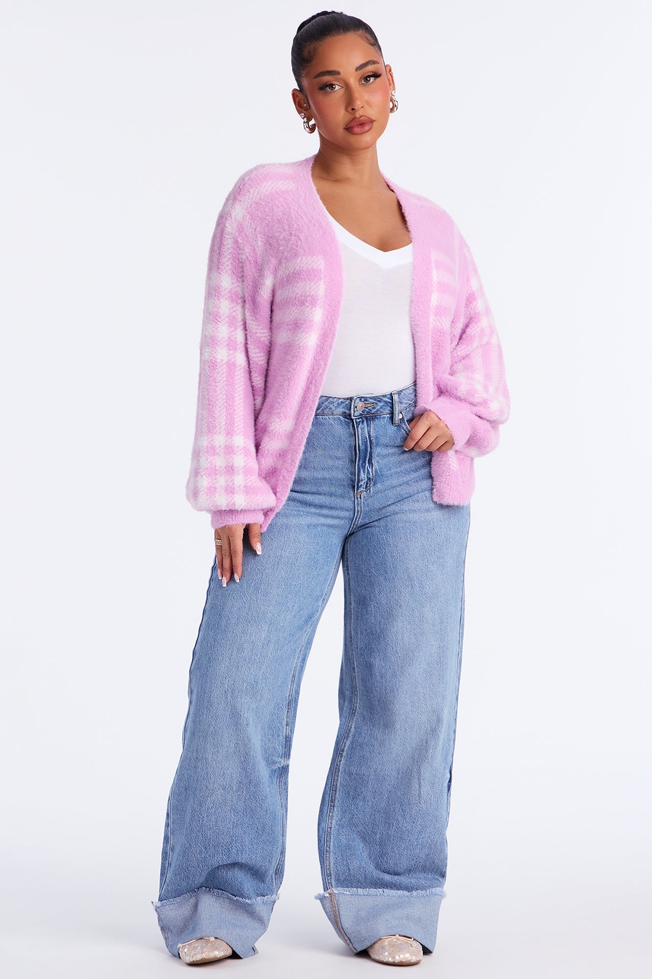 Feels Like Fuzzy Plaid Cardigan - Pink/combo